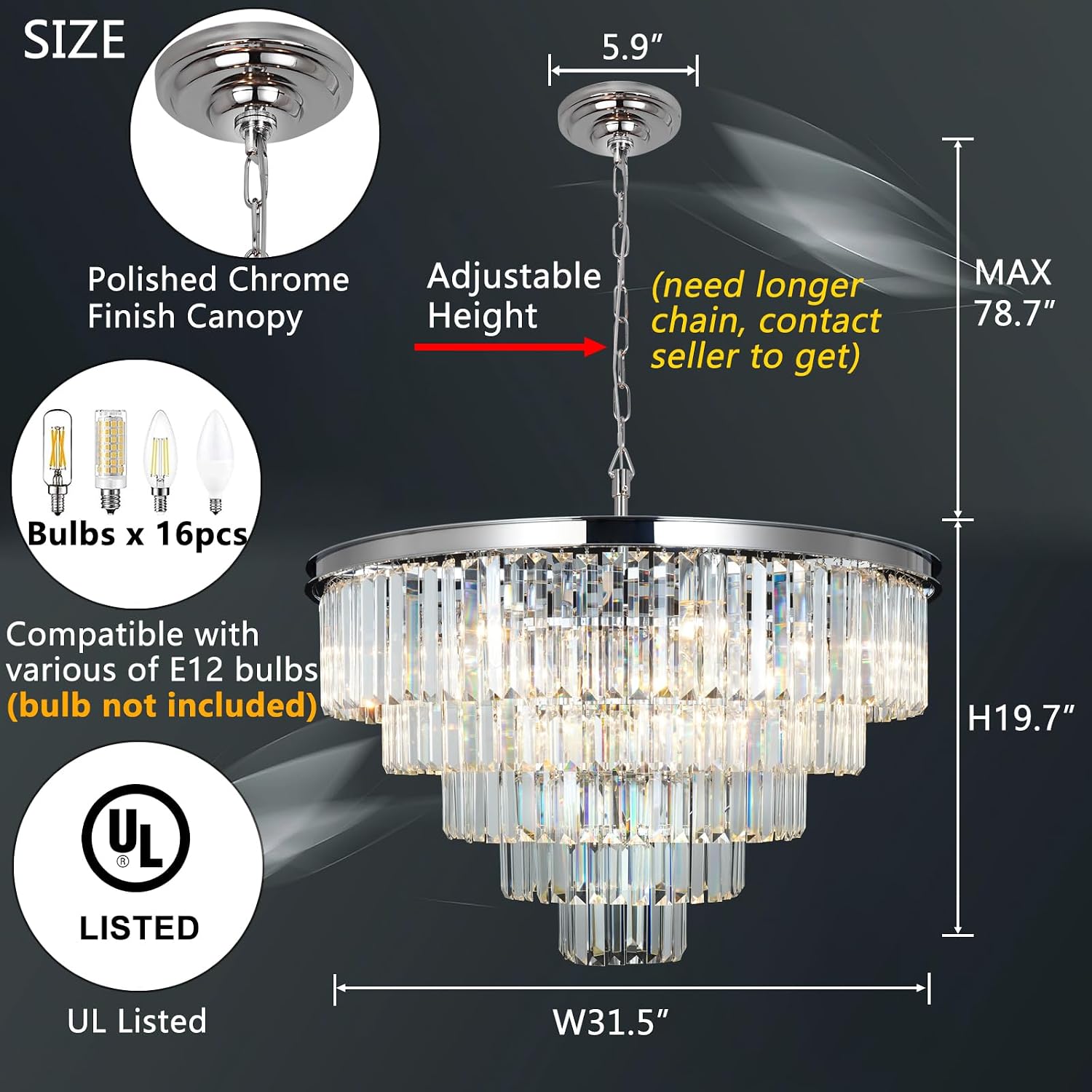 W31.5 Polished Chrome Chandeliers Modern Large Crystal Chandeliers for Dining Room Bedroom Entryway Chandelier Light Fixture Contemporary Round Pendant Ceiling Lights 5-Tier 16-Light