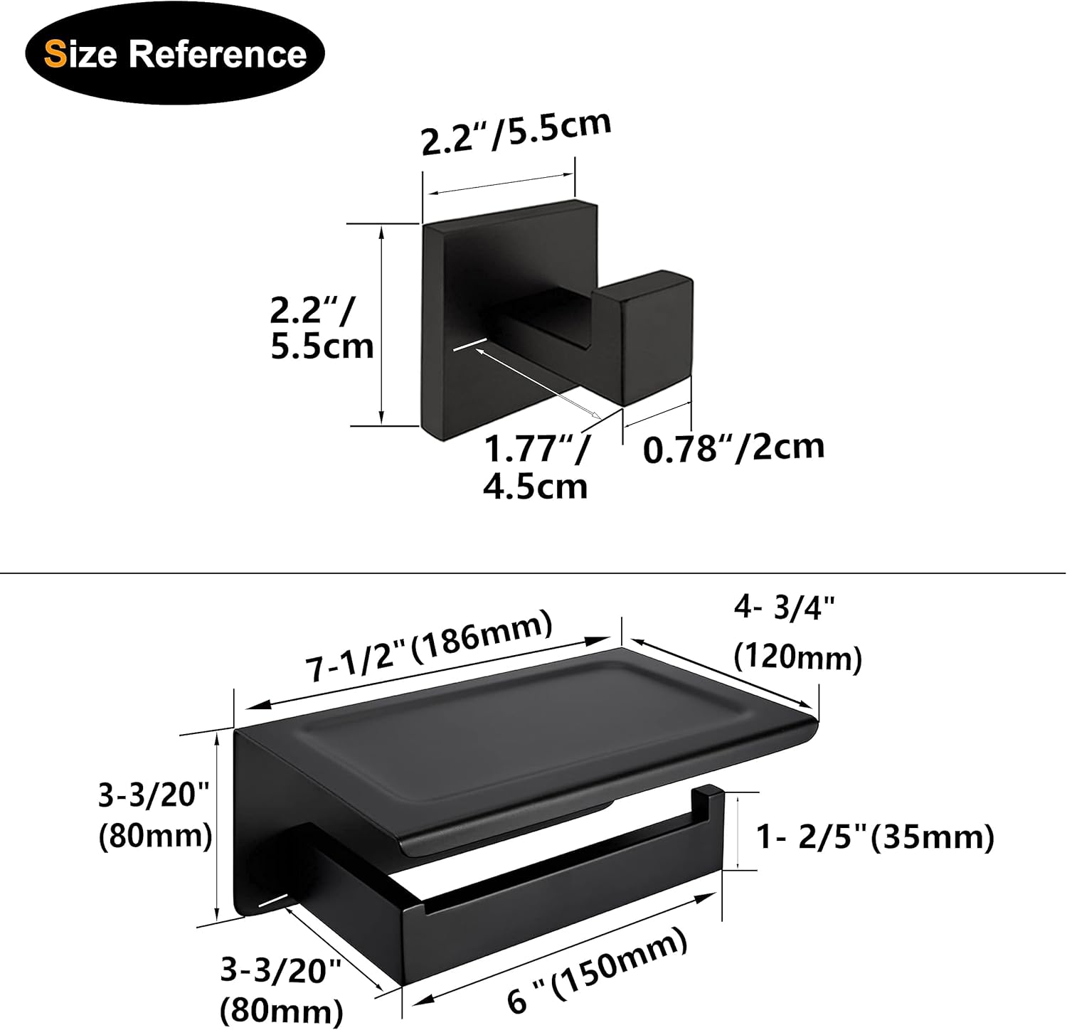 Matte Black Bathroom Hardware Set 3 Pieces SUS304 Stainless Steel Square Wall Mounted Set Including Robe Towel Hooks,Toilet Paper Holder with Shelf, Bathroom Accessories Kit