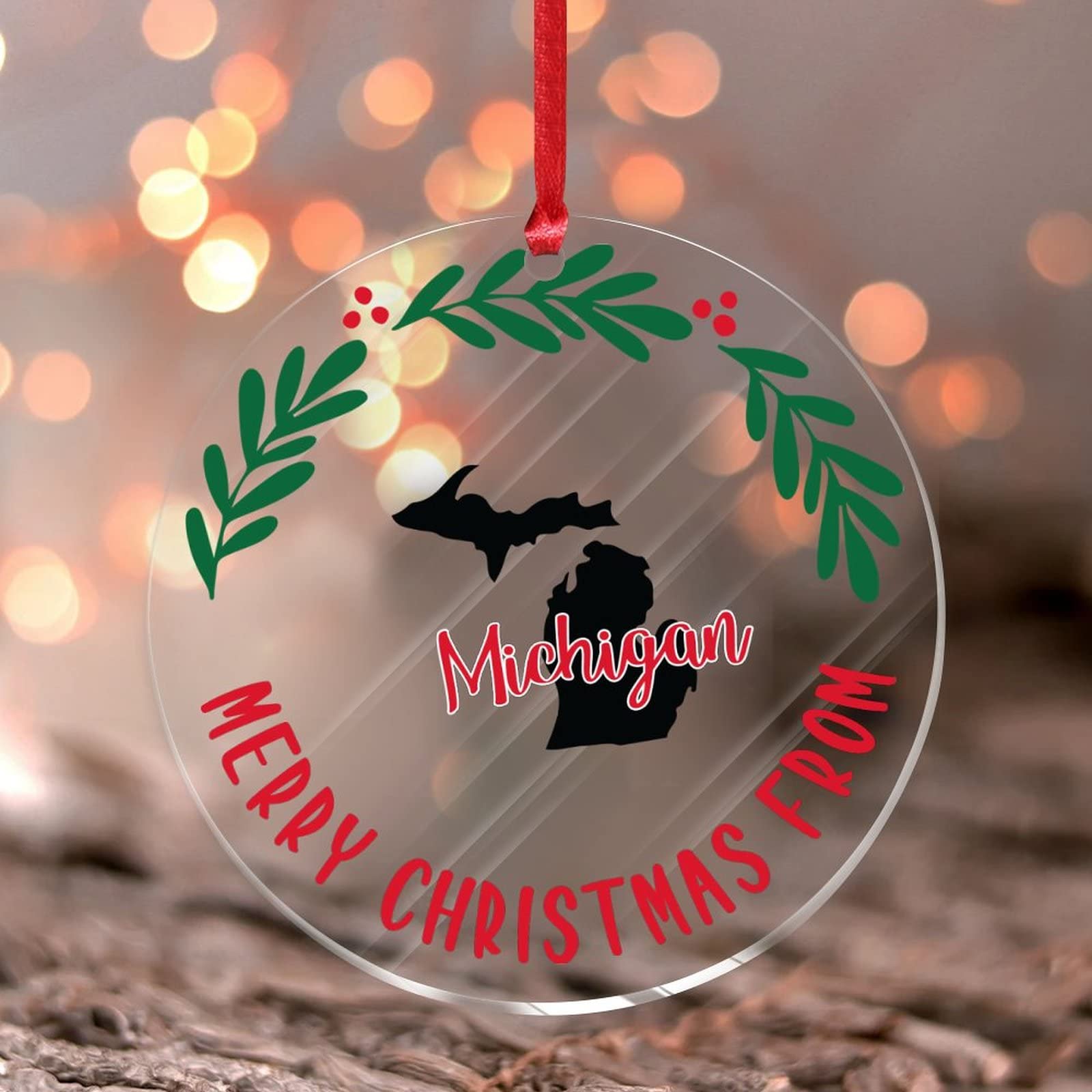Christmas Ornaments 2022 Merry Christmas From Michigan Acrylic Xmas Ornament USA America Map Gift Ornament Souvenir State Shaped USA Wreath Greenery Collectible Gift Tree Decoration Stocking Name Tag