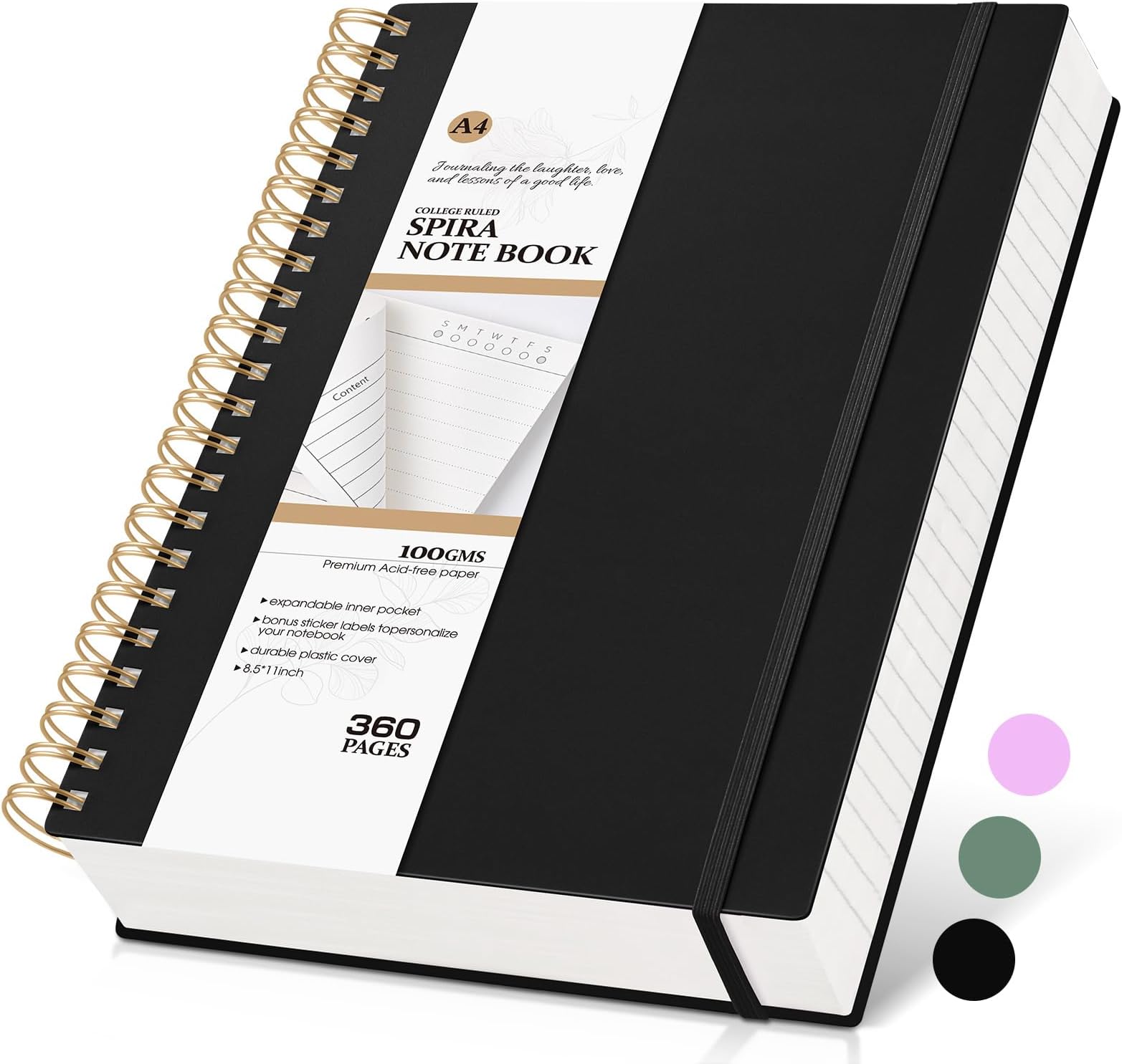 MUAHLIUB Spiral Notebook Journal College Ruled 8.5''x 11'', 360 Pages Lined Thick Journals for Women Men, A4 Large Writing Spiral Journal with 100GSM Paper, Spiral Notebooks for Work, School Black