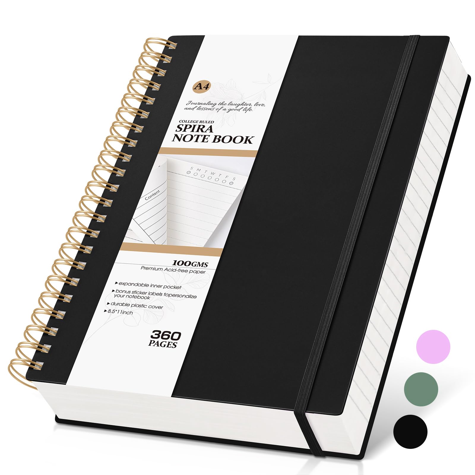 Spiral Notebook Journal College Ruled 8.5''x 11'', 360 Pages Lined Thick Journals for Women Men, A4 Large Writing Spiral Journal with 100GSM Paper, Spiral Notebooks for Work, School Black