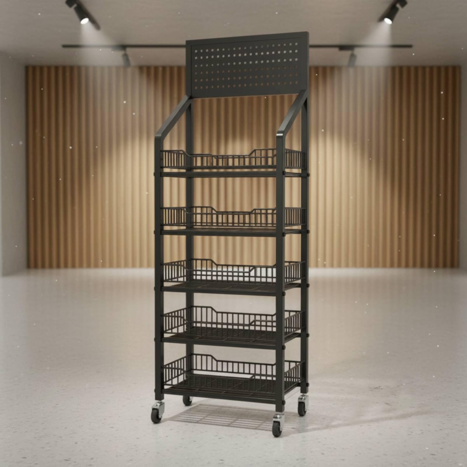 Gralara Estantería Metálica 5 Niveles Gran Capacidad Organizador Snacks con Ganchos Uso Profesional Metálico para Vendores, Tenros, Supermercados, Negro, 60cm