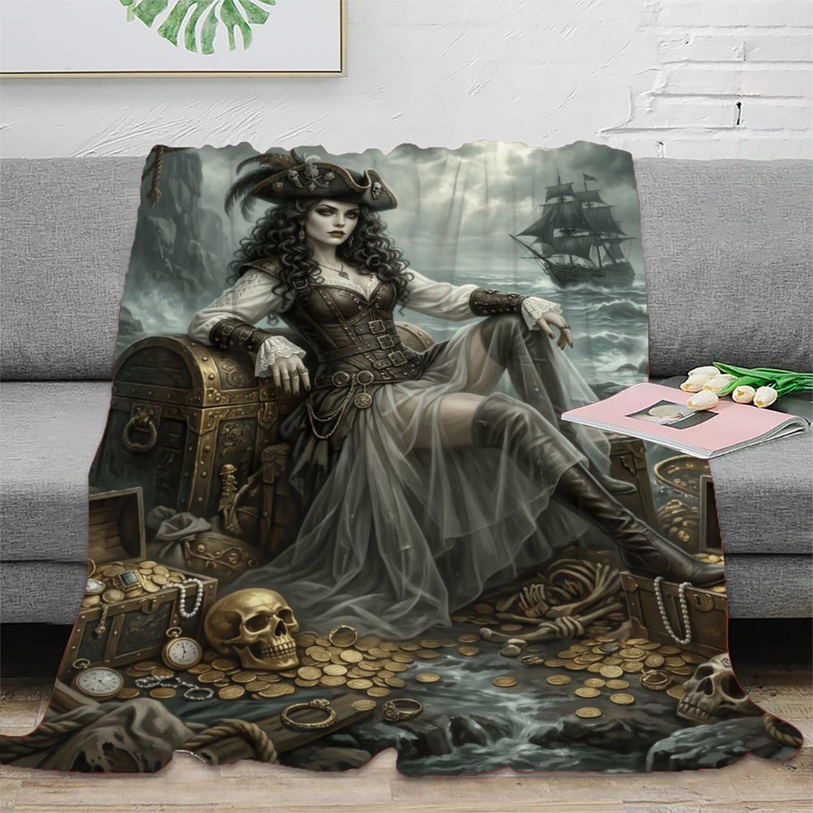W7C8U2X3 Pirate Queen Treasure Chest Throw Blanket, Flannel, Travel
