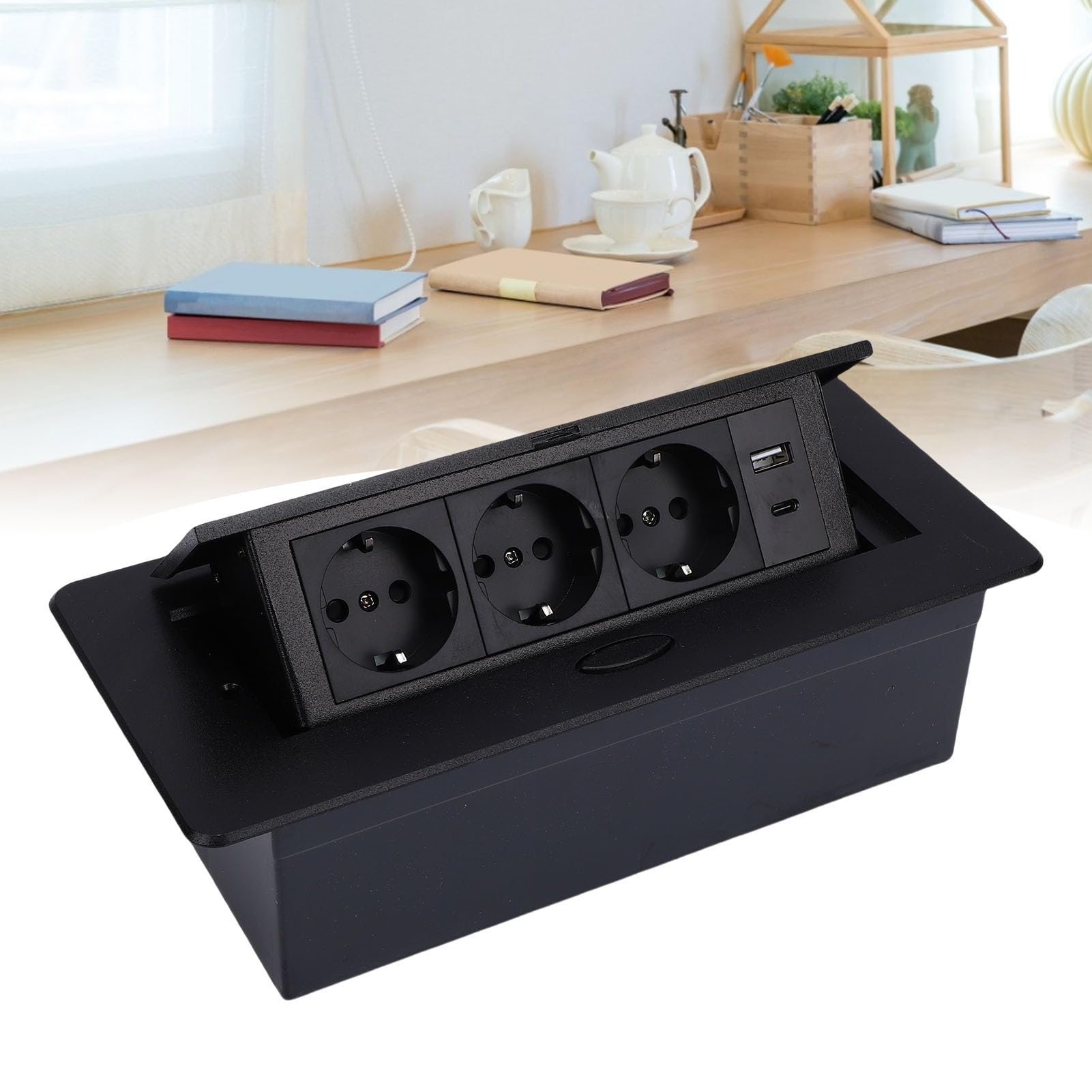 Wysuwane Gniazdko do Komputera Stacjonarnego z 20 W USB C i 3 | Konstrukcja Wpuszczana, Panel Odporny na Zarysowania ABS, Tłumienie Powolnego Odbicia, Wskaźnik LED, IP40, do Biurek