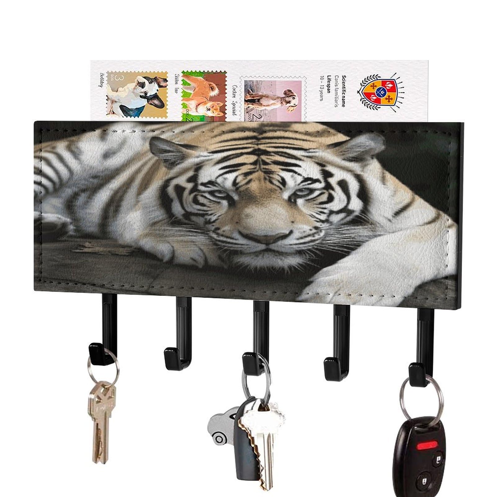 LDGSUPH Tiger Lie On Rock Key Holder Wall Mount Key Hanger with 5 Hooks Fashion Key Organizer Rack Hanging Key Hooks with Mail Organizer Key Rack for Home Entryway Hallway Black-Style