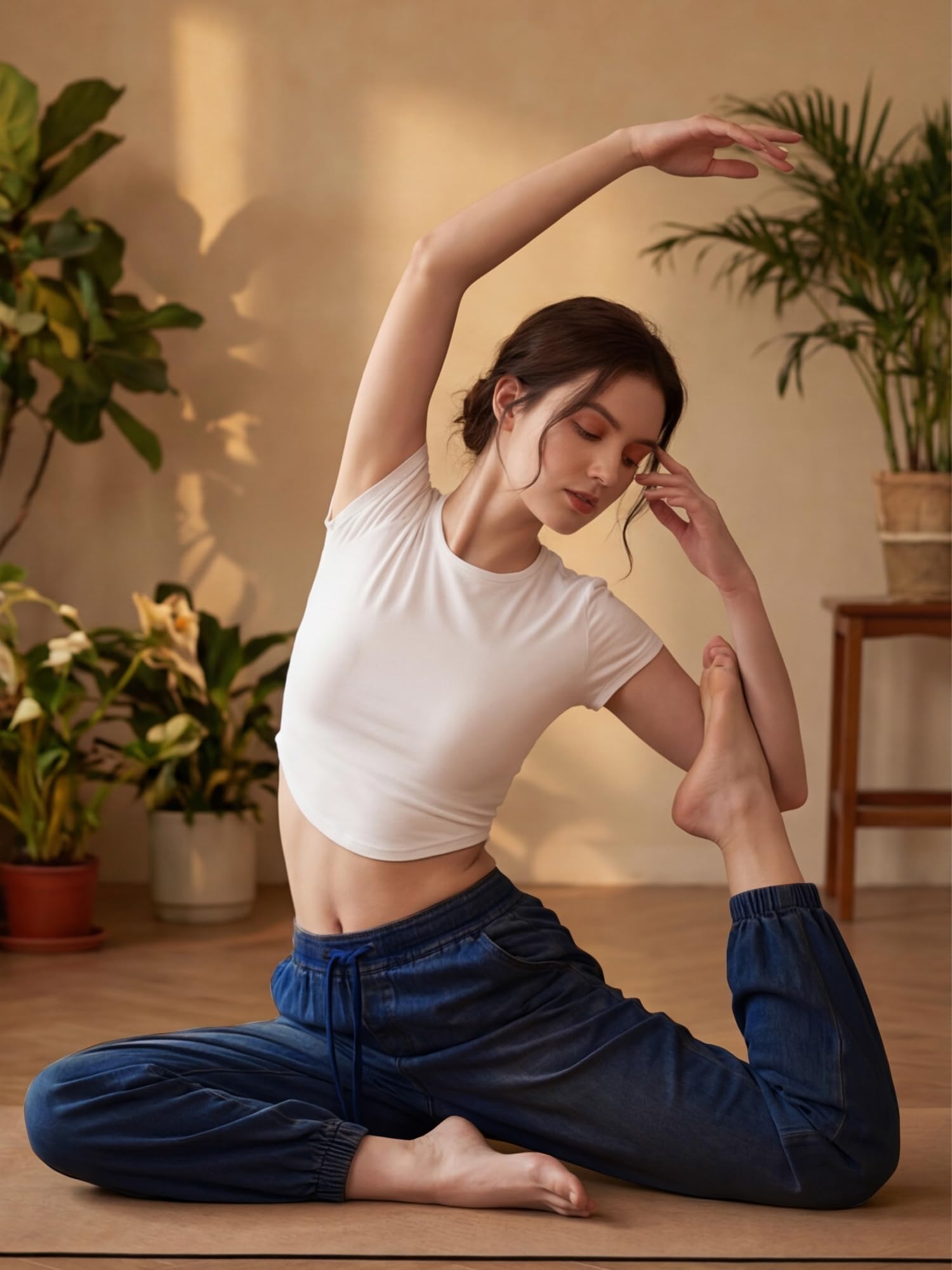 LaiEr Pantalones Mujer Modello harén Vaqueros con Vuelta en los Bajos,cordón Ajustable y elástico, Corte cónico Yoga Pantalones,Jogger Vaqueros Estilo Informal y Holgado,Tejido Denim elástico y Suave
