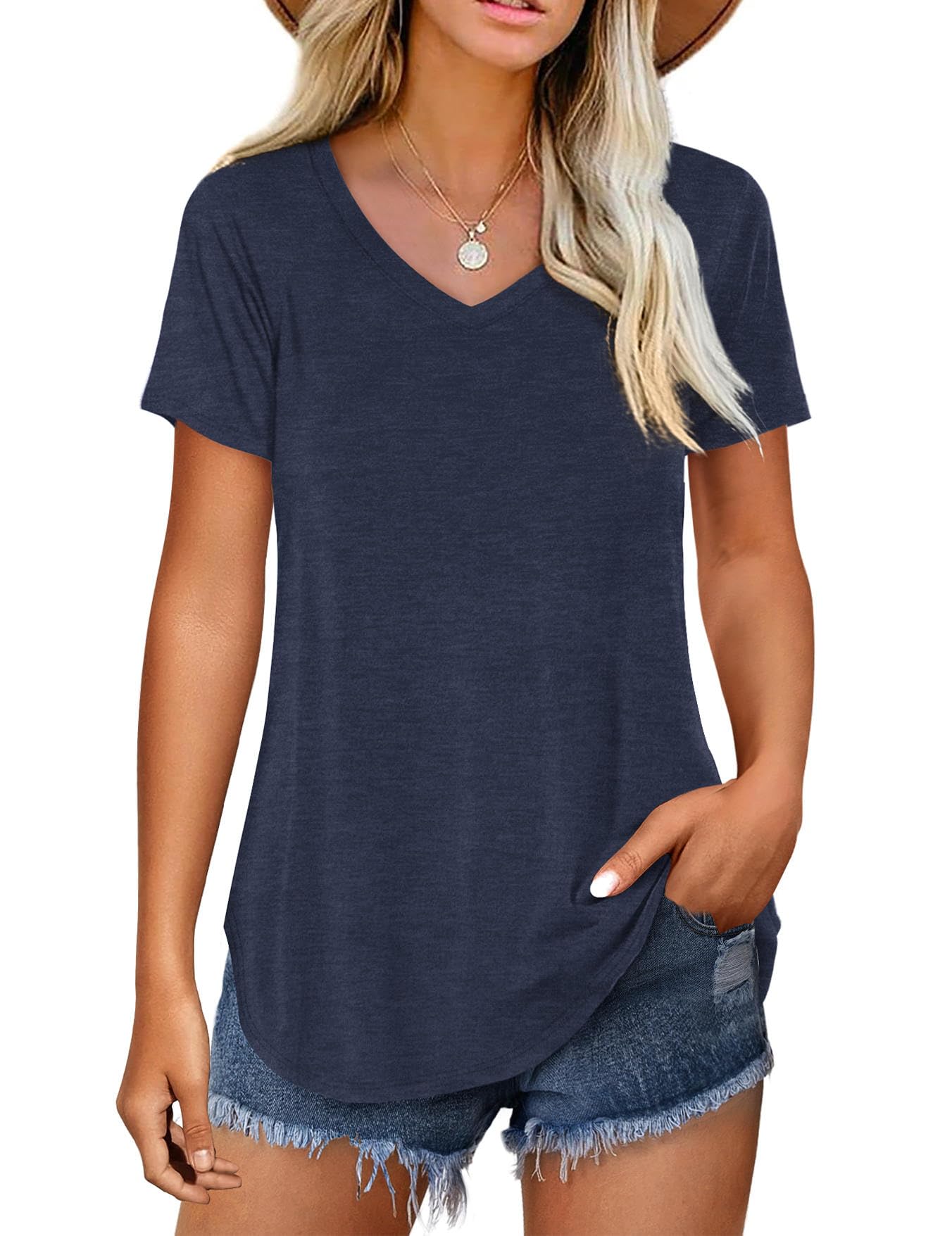 AmoretuWomen V Neck T-Shirt Casual Short Sleeve Plain Tee Shirts Blouses