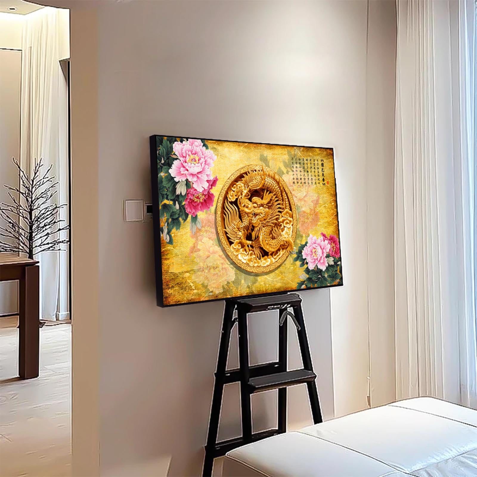 Via Vela Dragon doré Toile Art mural Murale culturelle chinoise Rose riche Pivoine Fleurs Œuvres d’art Impressions Affiches de style asiatique Peinture pour décor de bureau 40x60cm avec cadre noir