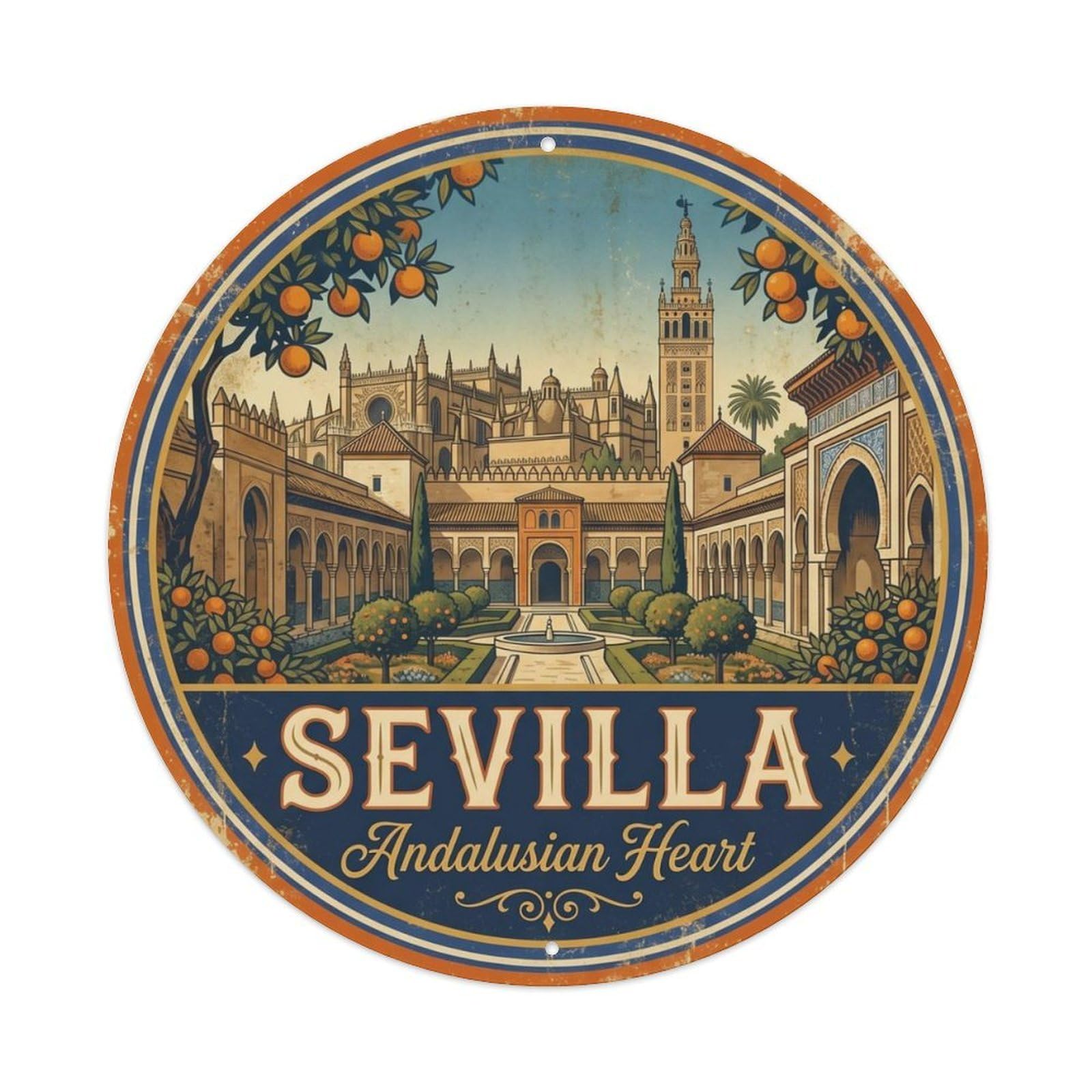 Vintage Travel Seville Alcazar Gardens Metal Tin Sign Plaque Wall Decor for Cafe, Club, Garden Round Metal Poster 8x8Inch