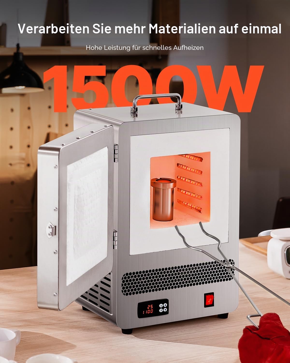 VEVOR Tisch-Schmelzofen 1500 W leistungsstarker elektrischer Ofen 1200 ℃ maximale Temperatur, Goldschmelzofen aus Edelstahl für Wachsguss Ton-DIY Metalltemperierung Glasieren auf Keramik, Silber