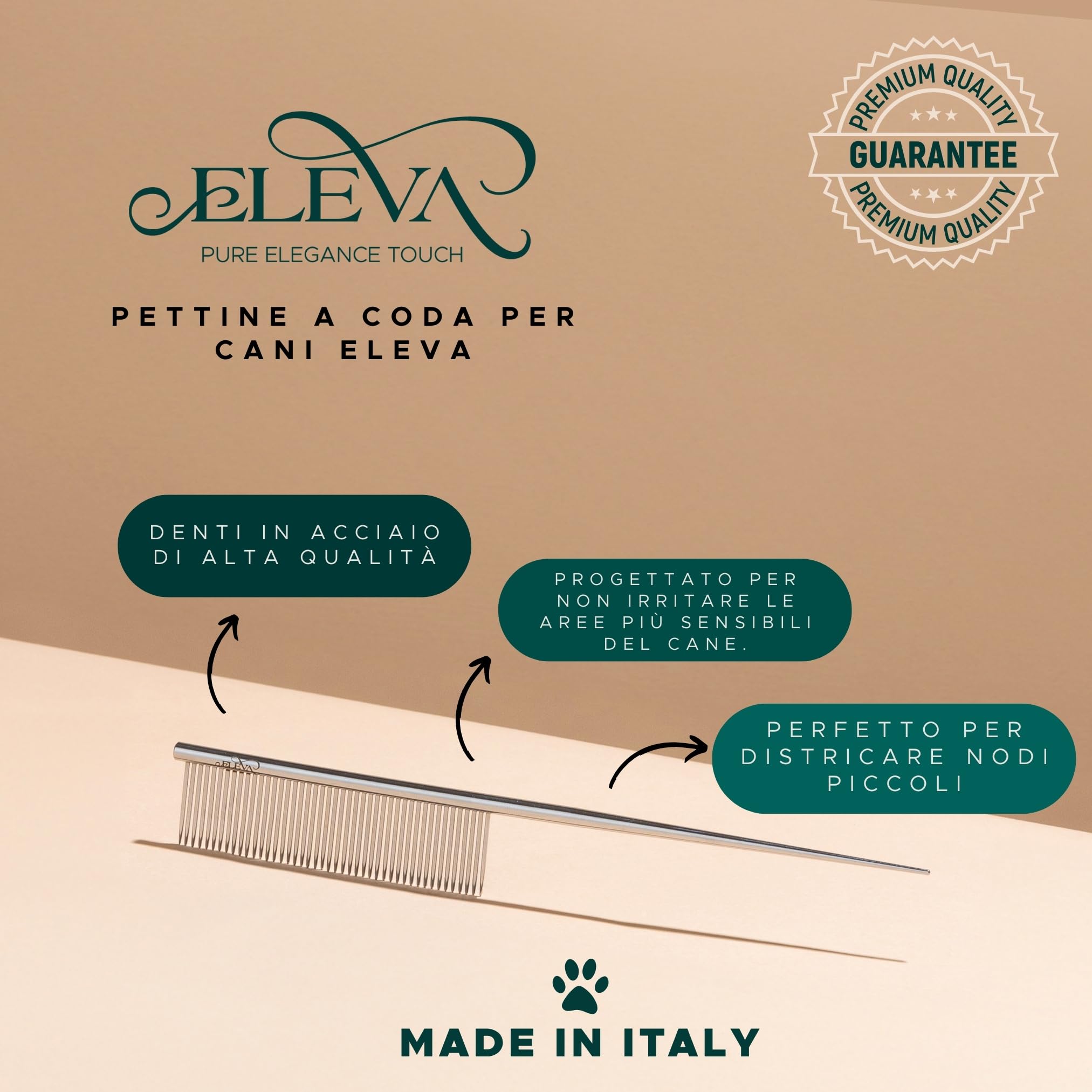 ELEVA PET - Pettine a Coda per Cani - Strumento Professionale Districante - Ideale per Mantelli Lunghi e Medi - Design Ergonomico - Made in Italy