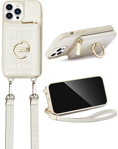 CUSTYPE Funda para iPhone 13 Pro con tarjetero para mujer, funda cruzada con cremallera y correa para muñeca, funda protectora de cuero con anillo