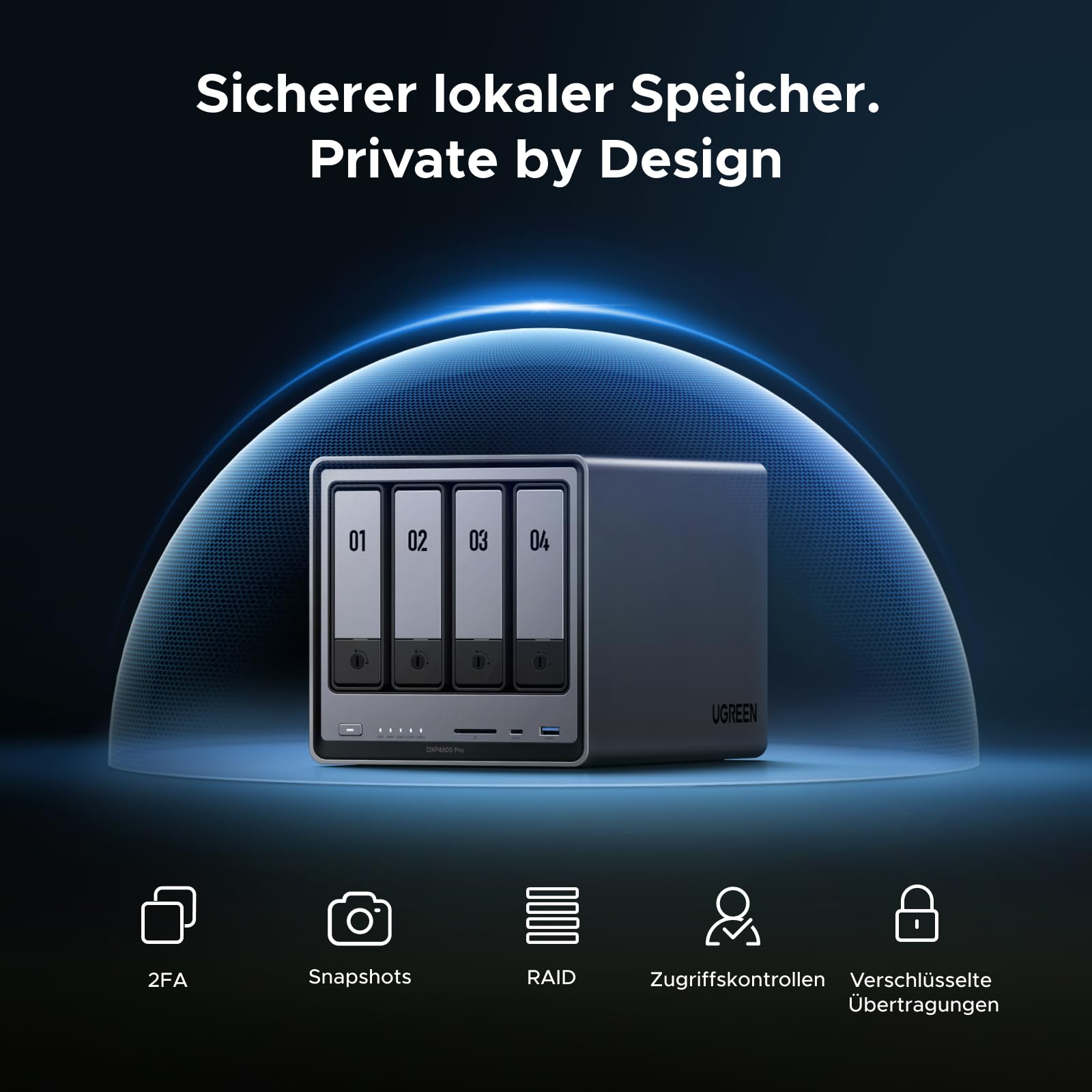 UGREEN NASync DXP4800 Pro, 4-Bay Desktop-NAS, Intel i3-1315U 6-Kern-Prozessor, 8GB DDR5 (bis zu 96GB), Eingebaute 128GB-SSD, 10GbE & 2.5GbE LAN, 2 × M.2 NVMe-Steckplätze, HDMI 4K (Ohne Festplatten)