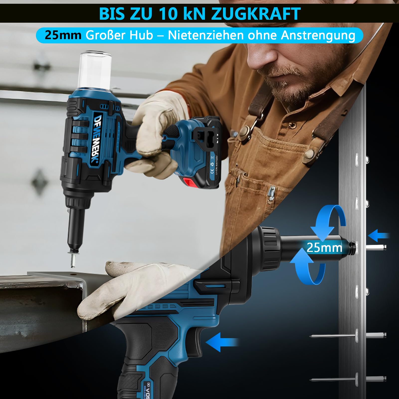 Akku Nietzange Set, Nietpistole Bürstenlose Kompatibel mit Makita 18V Akku | Elektrische Popnietenzange Akku für 2.4-4.8mm Stahl-Blindnieten & 2.4-6mm Aluminium-Blindnieten, 25mm Hublänge (ohne Akku)