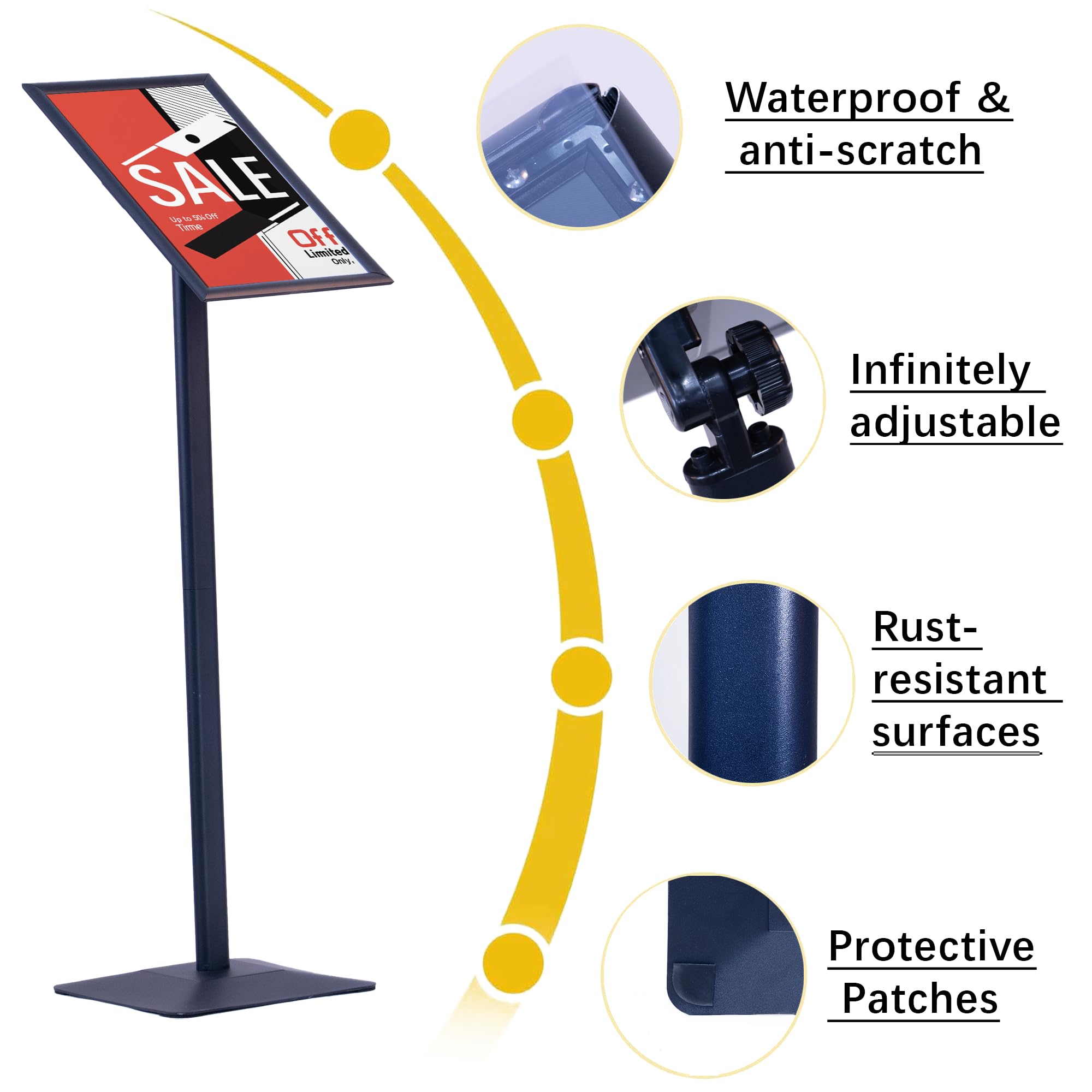 A4 Espositore da terra regolabile, supporto per poster con display rotante, scaffali informativi resistenti, base quadrata in ghisa, espositore per vendita, espositore pubblicitario, Nero