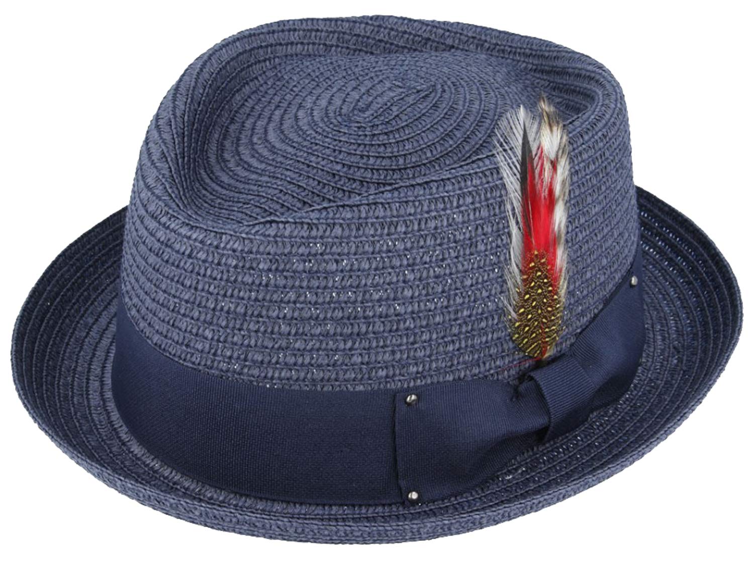MAZ Unisex Paper Straw Pork Pie Hat Crushable Summer Trilby with Band and Adjustable Sweatband Denim Blue