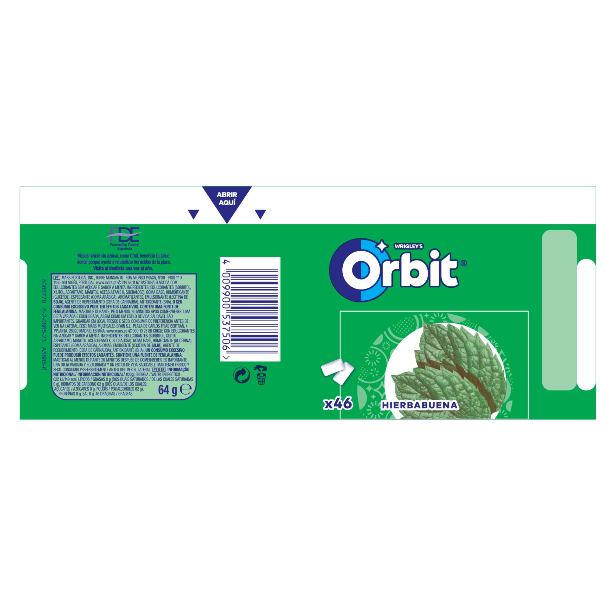 Orbit Bote Chicles Sin Azúcar Hierbabuena Fresco Intenso Larga Duración Gragea 6 x 46