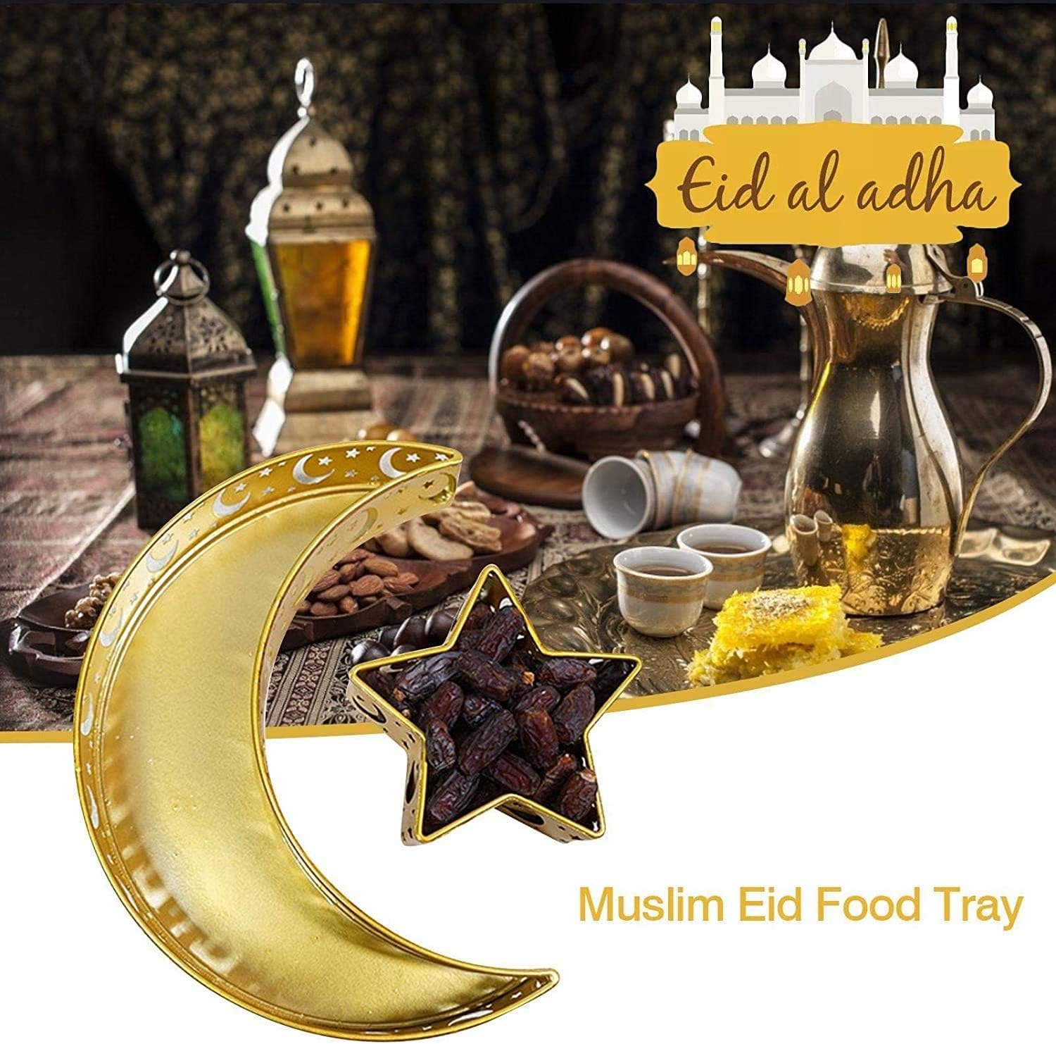 Serviertablett für muslimischen Islam, Eid Mubarak, Mond- und Sternform, Ramadan-Lebensmittelaufbewahrungsbehälter, Dessert-/Gebäckteller, Schreibtisch-Organizer, Home-Kareem-Party-Dekor, Eid-Geschenke, Al-Adha-Dekoration_voghion.com