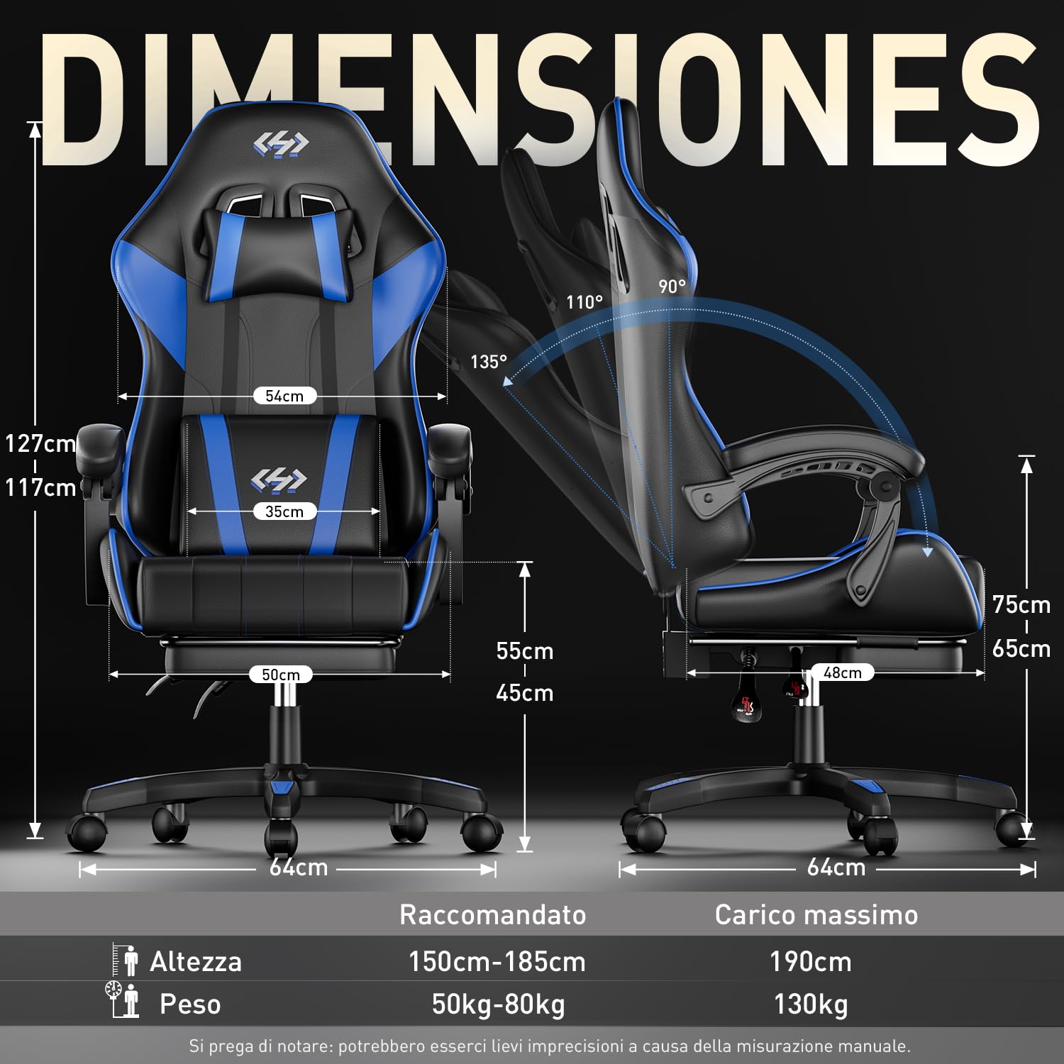 HLFURNIEU Sedia Gaming Ergonomica, Sedia Gamer con Poggiatesta e Poggiapiedi Telescopico, Poltrona Gaming con Supporto Lombare, Schienale Regolabile 90°-135°, Nero e Blu