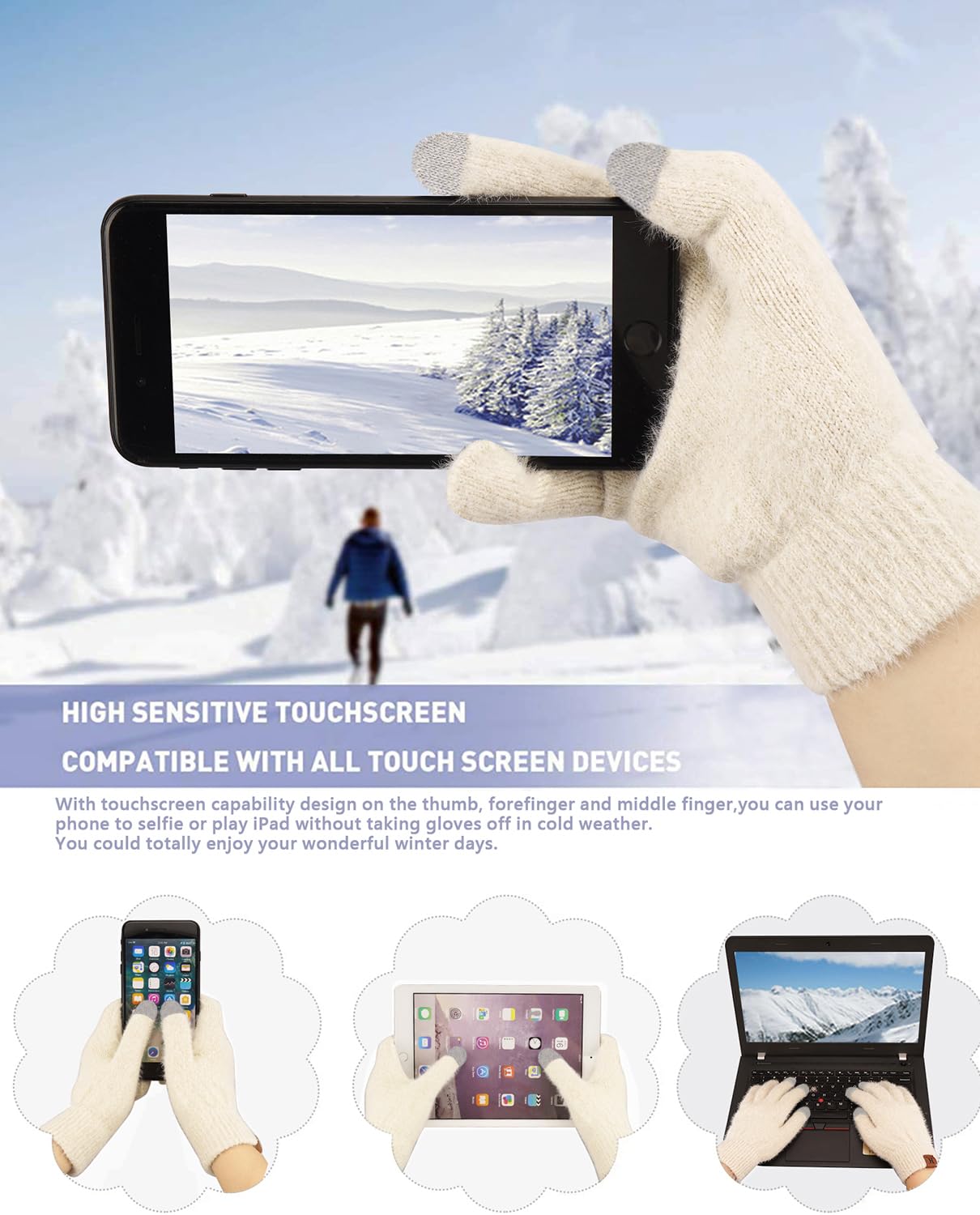 Femme Hiver Chaud Tricoter Bonnet Chapeau Gants Tactiles Longue Echarpe Ensemble avec Doublure Polaire Casquette Crâne