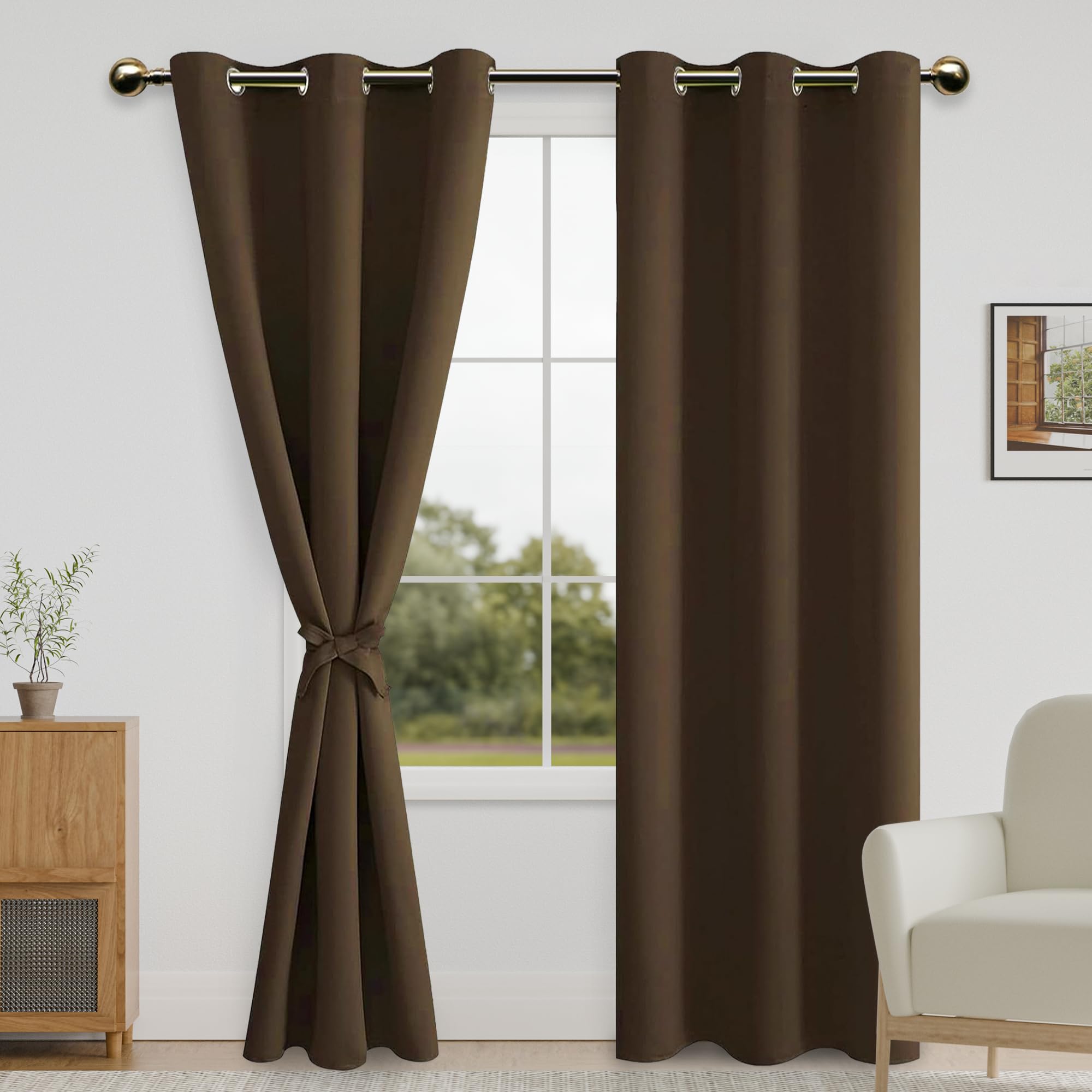 DWCN Blackout Curtains for Bedroom with Tiebacks - Room Darkening Privacy Grommet Top Window Curtains for Living Room, 42 x 84 inches Long, Brown, Set of 2 Panels
