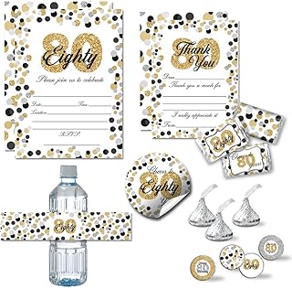 Deluxe Cheers to 80 Years Milestone Birthday Party Bundle Includes 20 each of Invitations & Thank You Cards with Envelopes + 2 Different Sizes of Stickers, Mini Candy Bar Wrappers, & Water Bottle Labels!