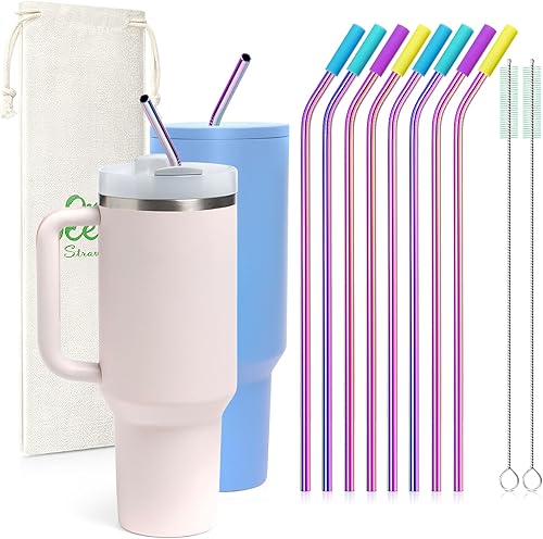 8 popotes de acero inoxidable doblados de 0.236 pulgadas para vasos Stanley Adventure Quencher Travel de 40 onzas, popotes de metal reutilizables de