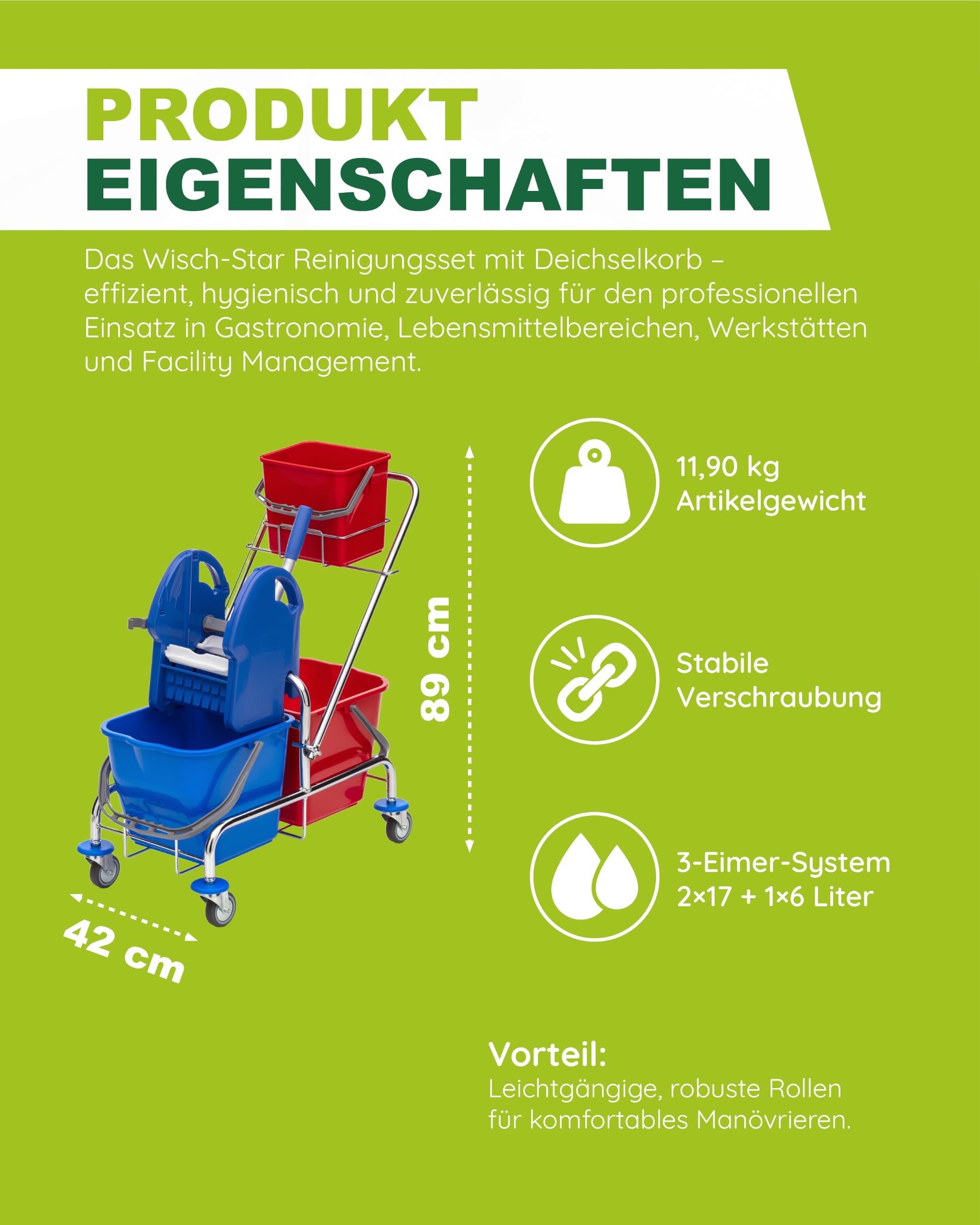 Wisch-Star Wischmopp Set mit Eimer, Chrom-Rollwagen, 40 cm, 13-teilig | Bodenwischer Set aus Chrom, 3-Eimer-System mit Presse, 6 Mopps und 4 Tücher, Teleskopstiel 70–140 cm, Maße 72x42x89 cm