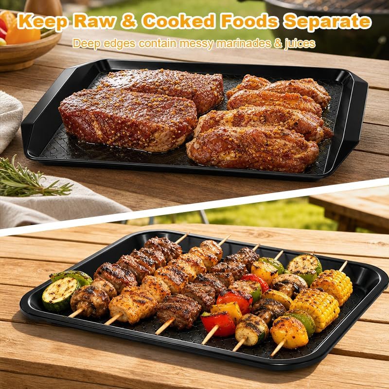 6-Piece Plastic Grilling Prep & Serve Trays with Cutting Board, Stackable BBQ Station for Raw & Cooked Meat Separation, Marinating Containers, Griddle Accessories, BPA-Free