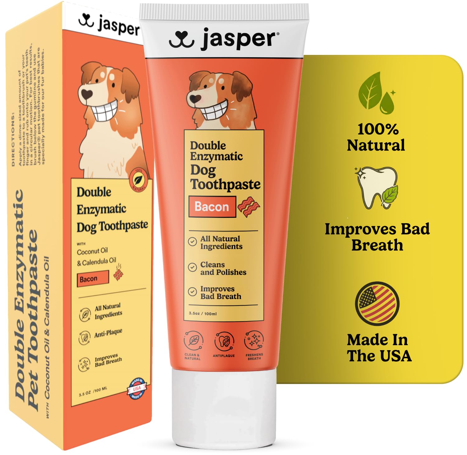 Jasper Dog Toothpaste Double Enzymatic - Plaque Remover for Teeth, Whitens Teeth, Improves Bad Breath Natural Pet Toothpaste, Bacon Flavor 3.5oz