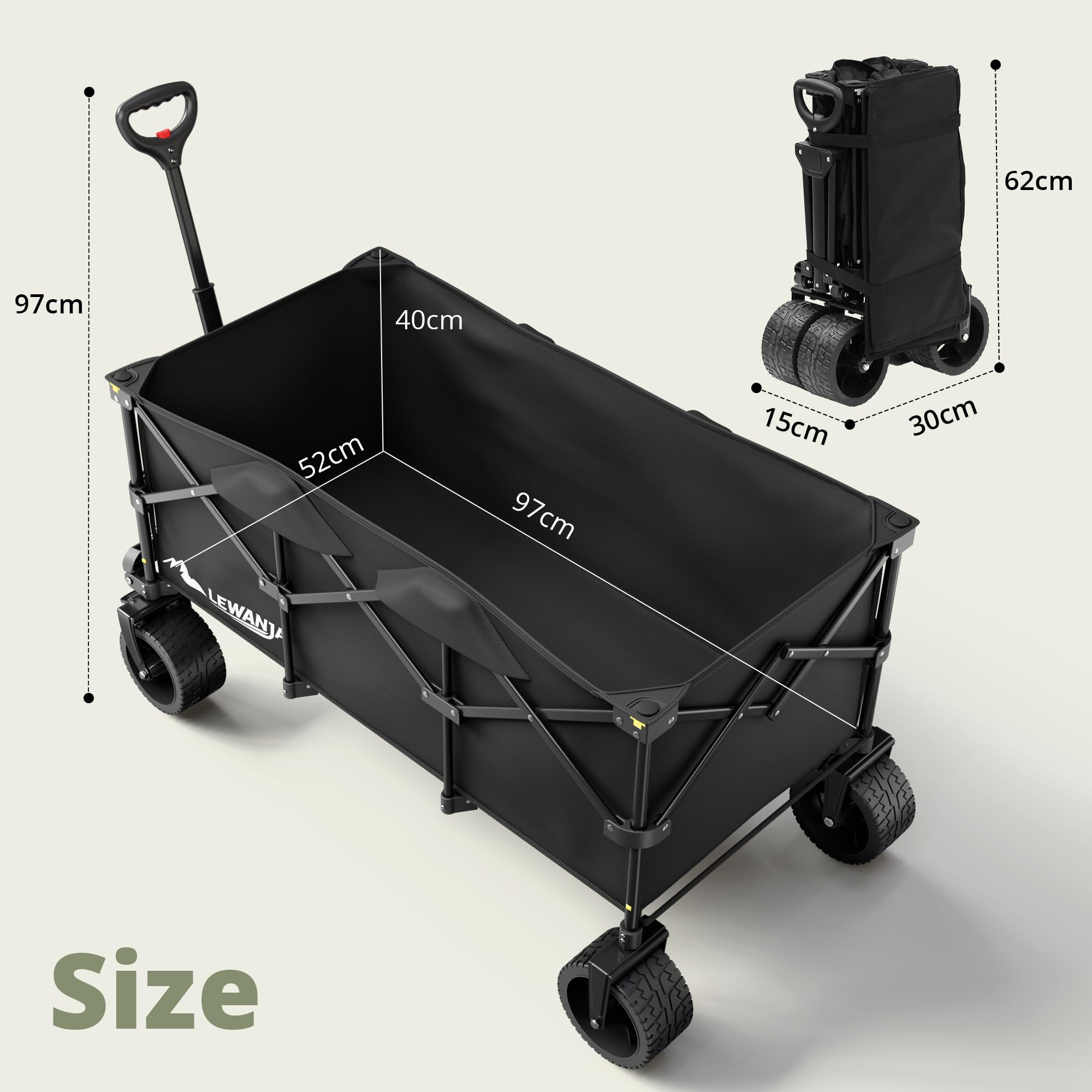 LEWANJA 200L Carro Playa Plegable, Carrito de Jardín de Alta Resistencia con Ruedas Anchas y Frenos, Manillar Ajustable, Carga 200kg, para Camping, Festivales y Compras