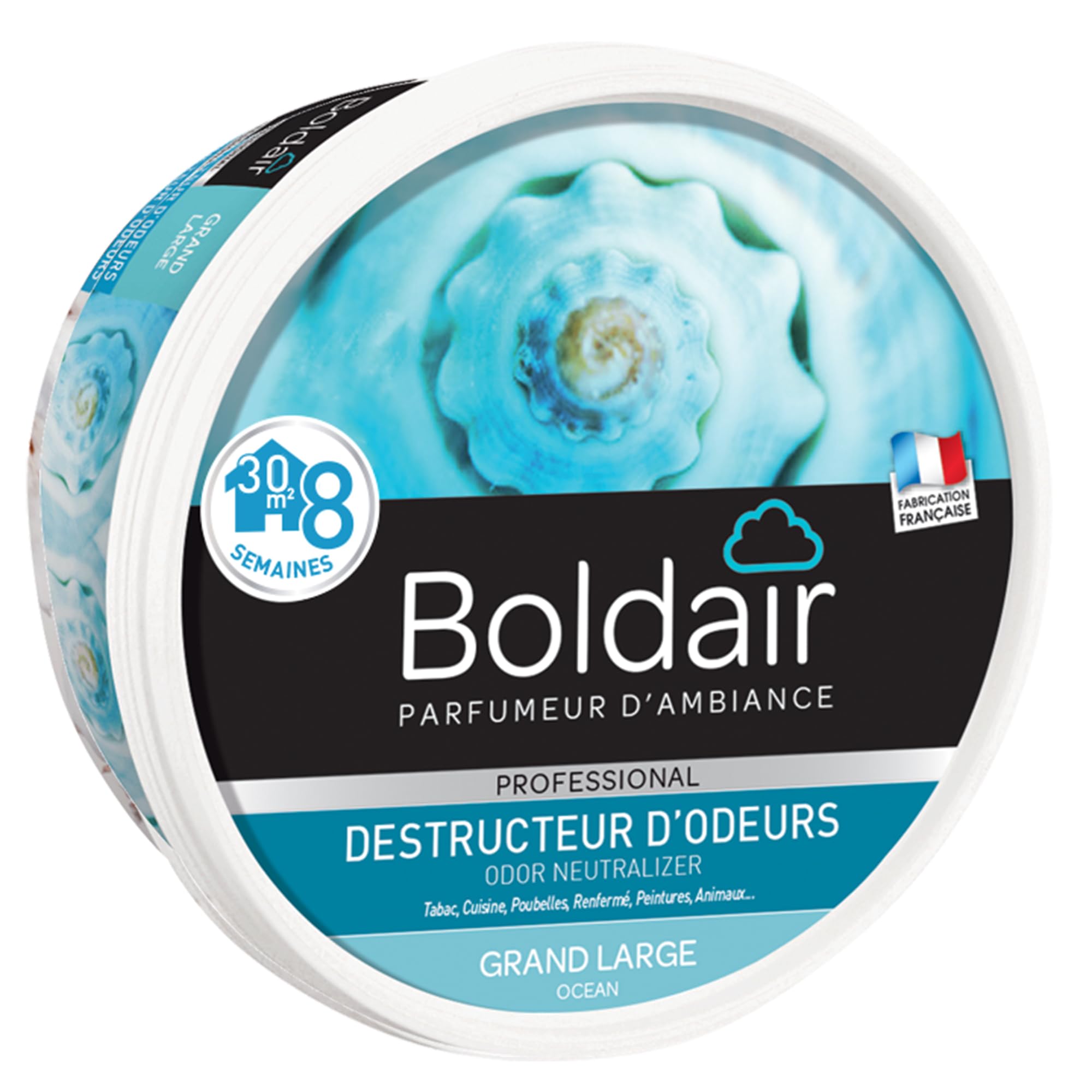 BOLDAIR - Destructeur d'odeur en Gel - Grand Large - Neutralise les odeurs - parfume - Produit gel solide - Multi application - durée 8 semaines - 300g - Fabrication française