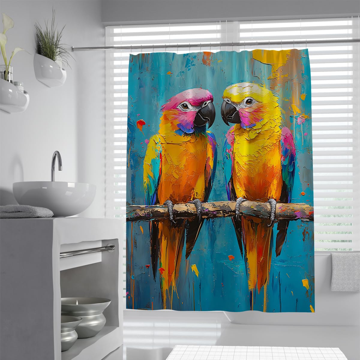 UIRINGART Parrot Shower Curtains W180xL220cm Vibrant Colorful Tropical Birds Bright Teal Background Waterproof Mould Resistant Washable Fabric Bath Curtain Bathroom Decoration with Hooks