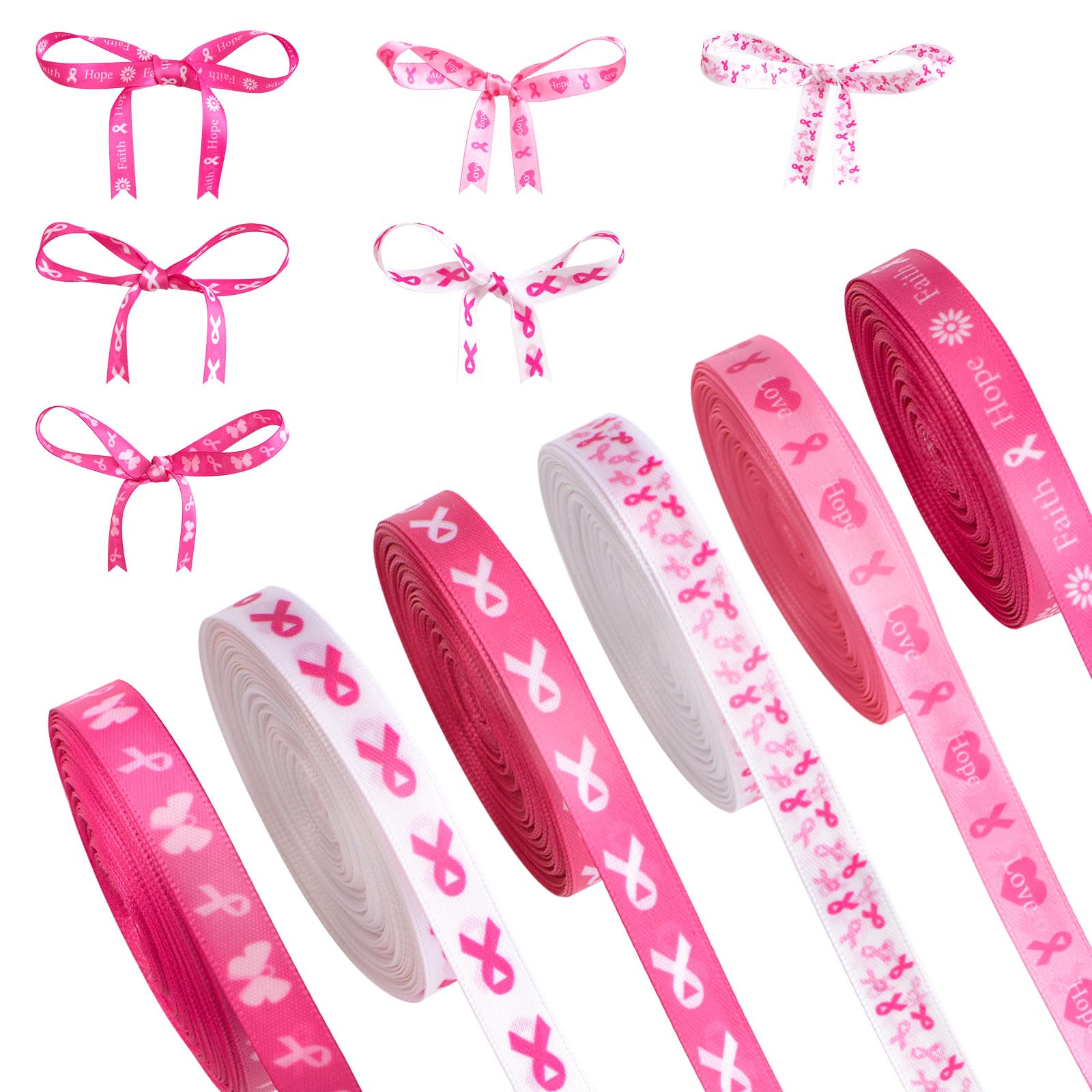 CRAFFANCY Pink Printed Ribbon, 6 Rolls 10 Yards Breast Cancer Promotion Ribbons for Gift Wrapping Breast Awareness Party Decorations Party Events
