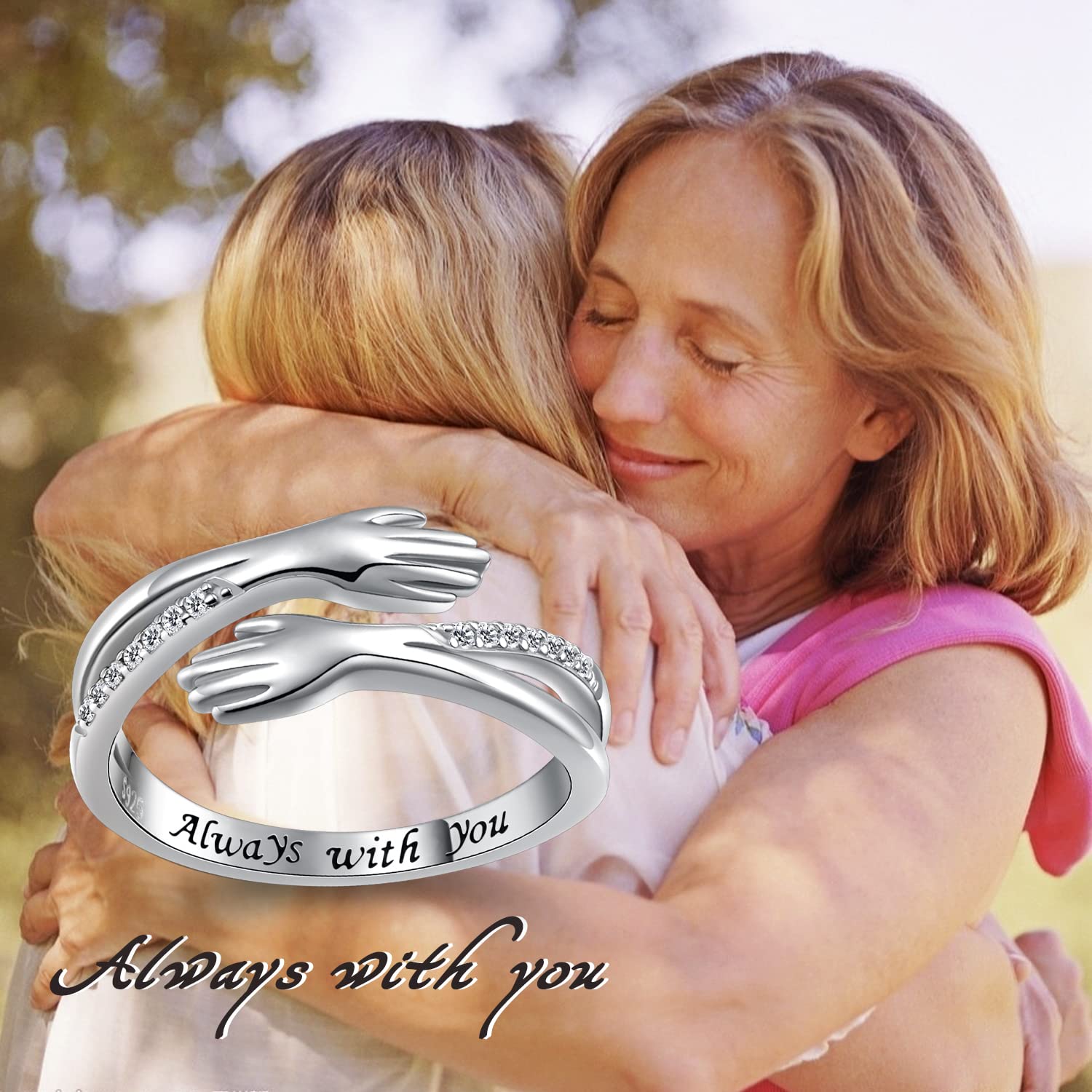 Mom Geschenke Hug Ringe 925 Sterling Silber Umarmung Hände CZ Open Ring Eingraviert Always With You Umarmen Versprechen Jahrestag Ring