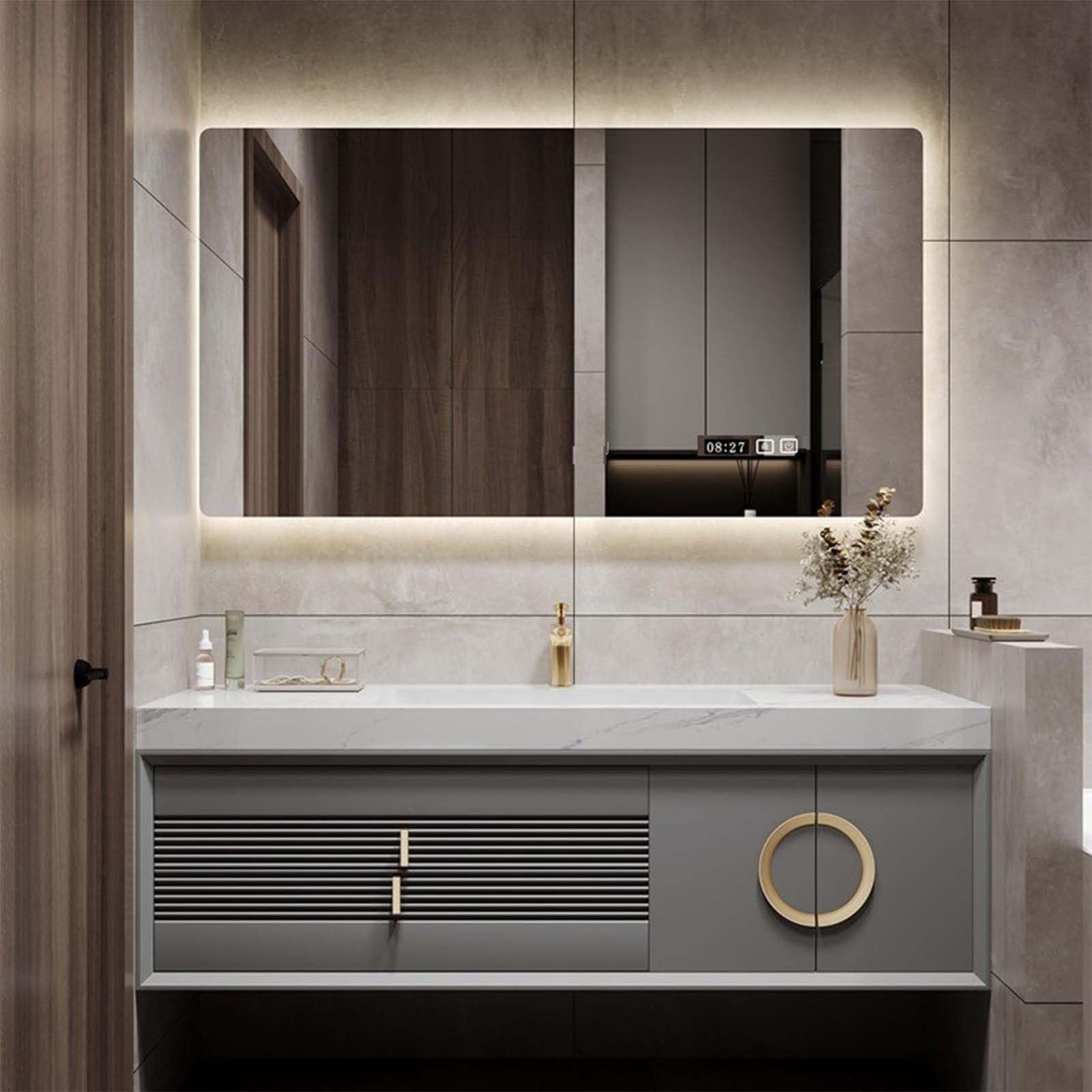 Espejo de Maquillaje LED Inteligente, Pantalla táctil antivaho con indicador de Hora y Temperatura, Espejo de tocador Rectangular con Marco de Metal Negro, Ideal para baño y Dormitorio (80 x
