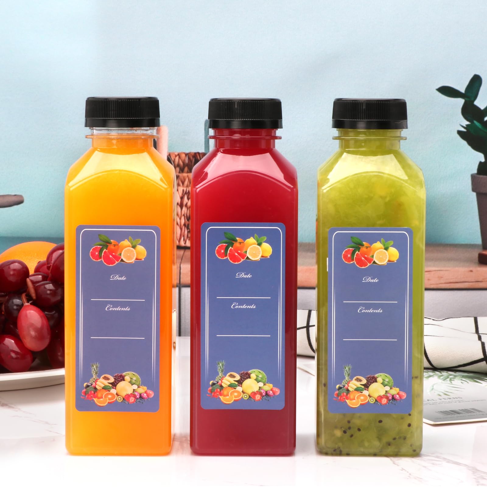 Florlove - 25 botellas de jugo de 16 onzas, botellas de jugo de plástico con tapas, recipientes vacíos transparentes para bebidas con tapas para jugos, batidos, leche y otras bebidas