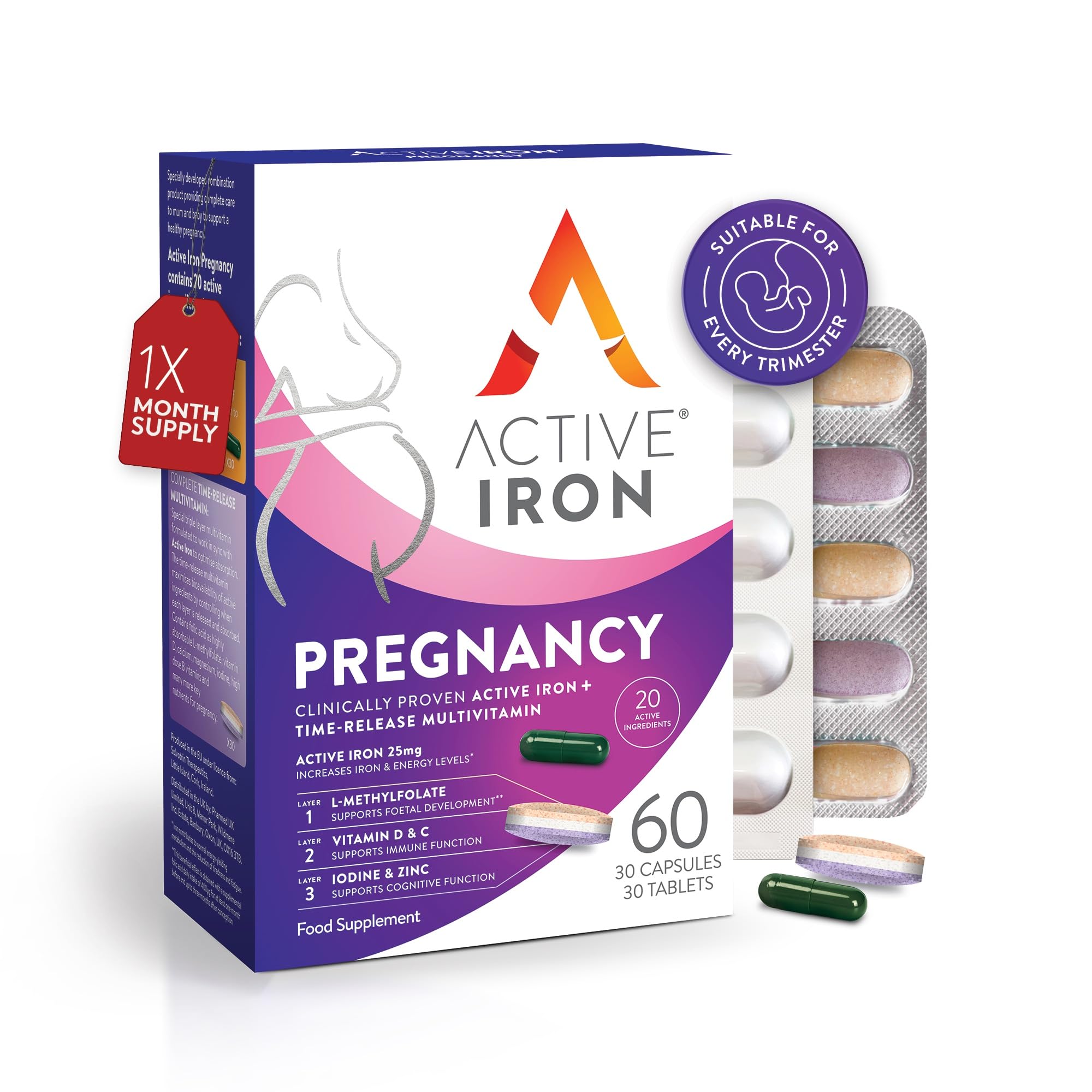 Active Iron Pregnancy Supplement 25mg + Multivitamin – Clinically Proven to Increase Iron & Support Foetal Development – Non-Constipating - Pregnancy & Postpartum Support – 30 Capsules + 30 Tablets