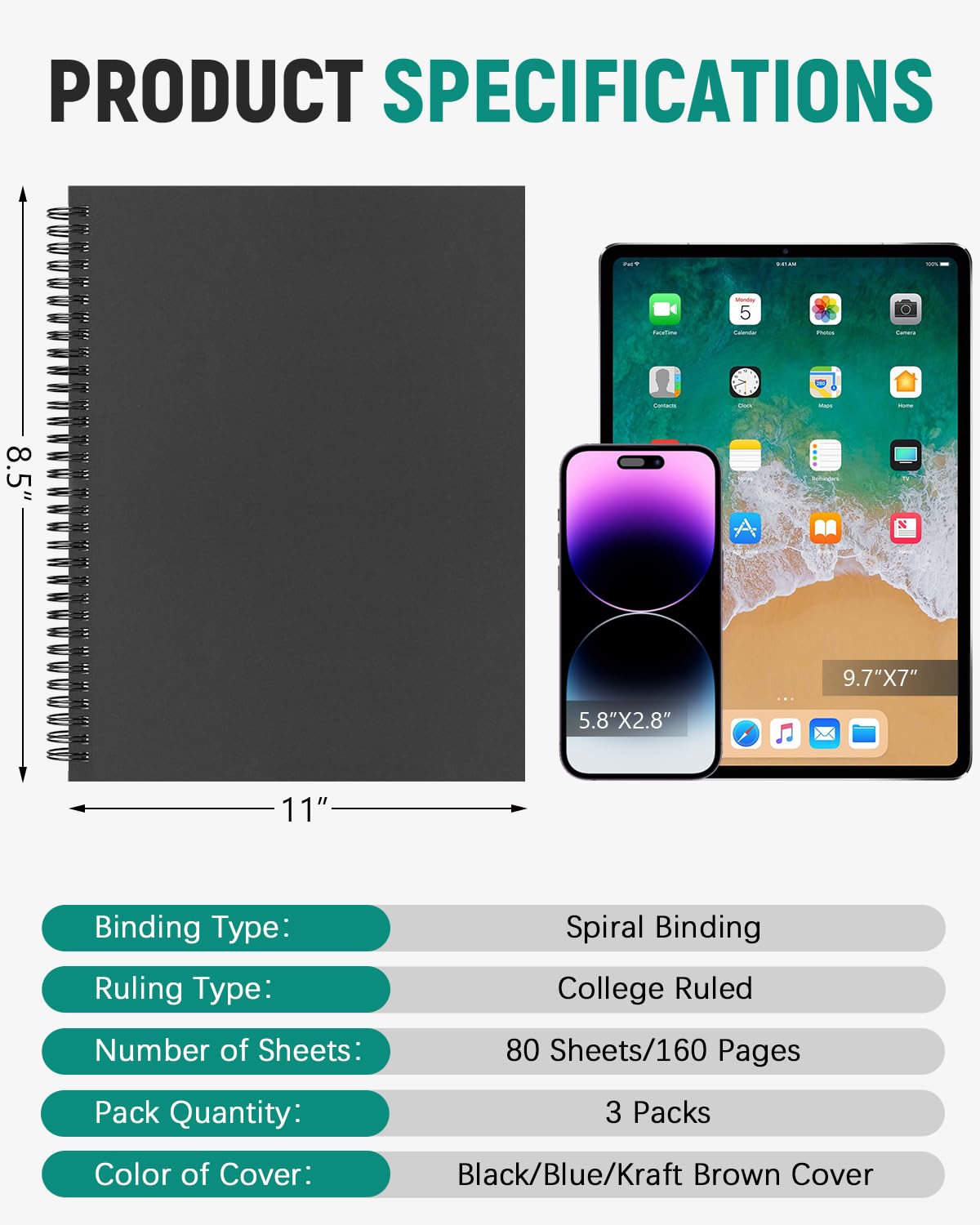 Dynta Grands carnets à spirales lignés de 21,6 x 27,9 cm pour école, bureau, étude et notes, idéal pour les étudiants et le bureau, 160 pages/80 feuilles avec papier ligné de 100 g/m² (noir)