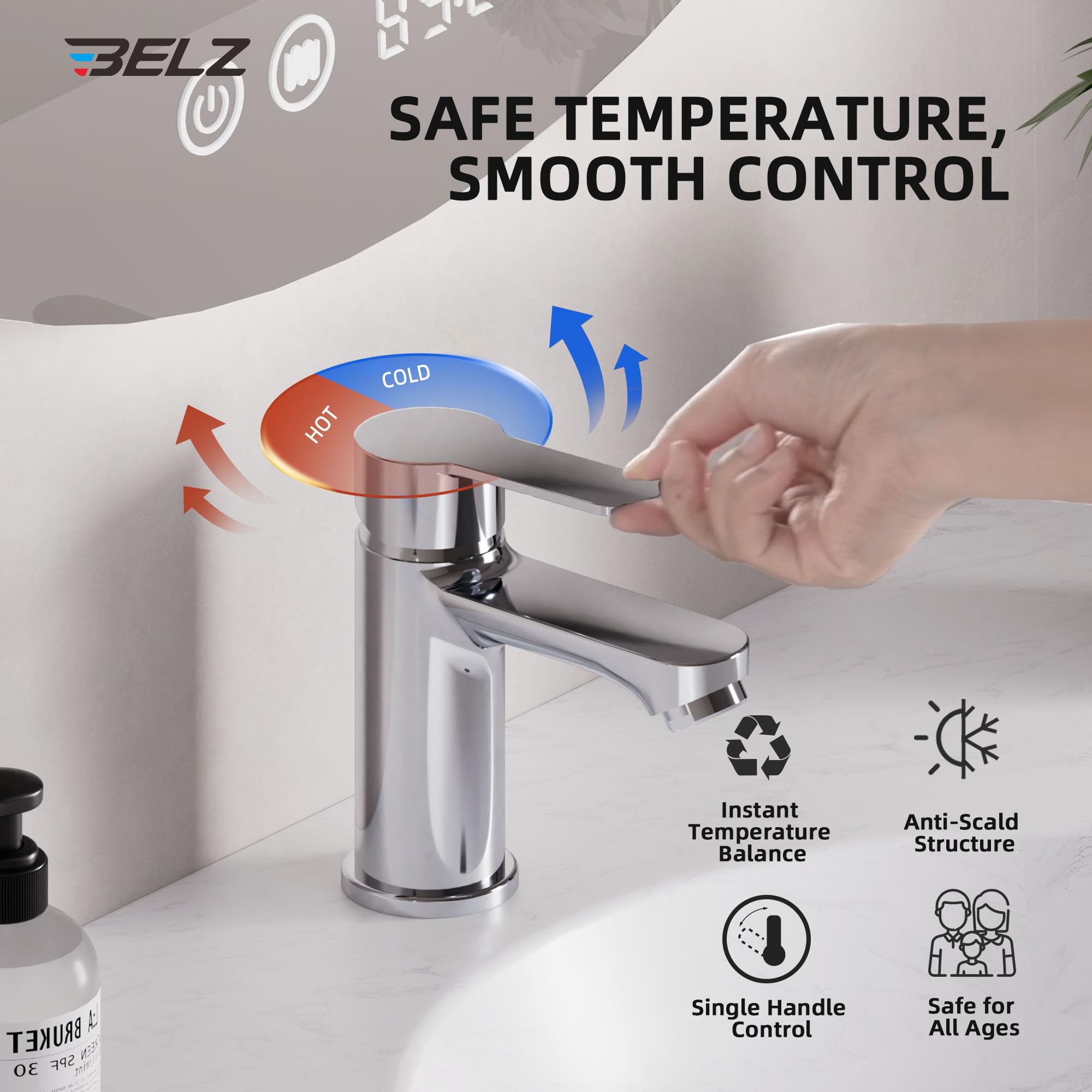 BELZ Grifo mezclador de lavabo moderno con desagüe emergente, grifo de baño con doble control de calor y frío, tecnología resistente a fugas, resistente al óxido para baños modernos