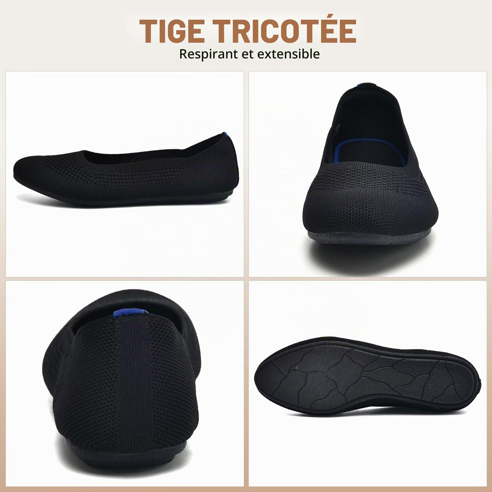 Puxowe Ballerine Femme Rond Tricot Pointe Chaussures Plates Confort Cale Bas Slip on Walking Robe Chaussures pour Femmes Doux