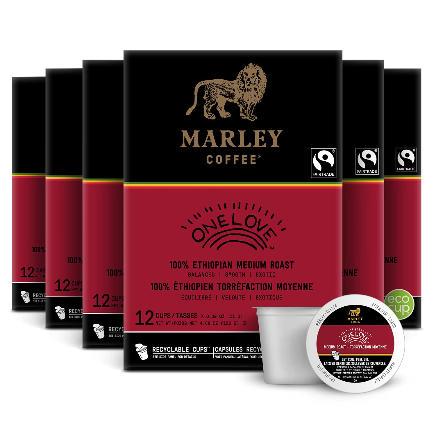 Marley Coffee One Love, 100% Ethiopian, Medium Roast Coffee, Keurig K-Cup Brewer Compatible Pods, 12 Count (Pack of 6)