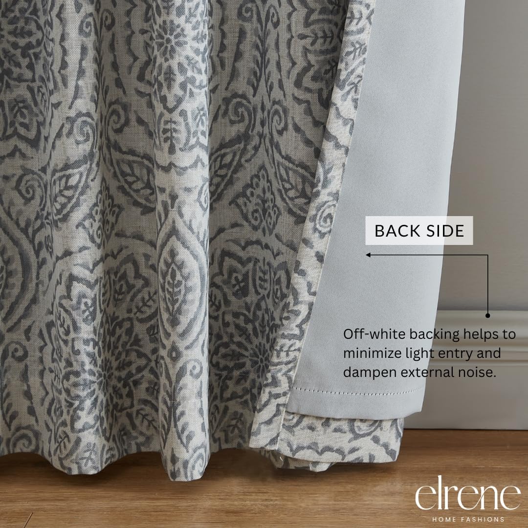 Elrene Home Fashions Giovanni Medallion Block Print Linen Blend Blackout Lined Window Curtain Panel, 52"x95", Gray
