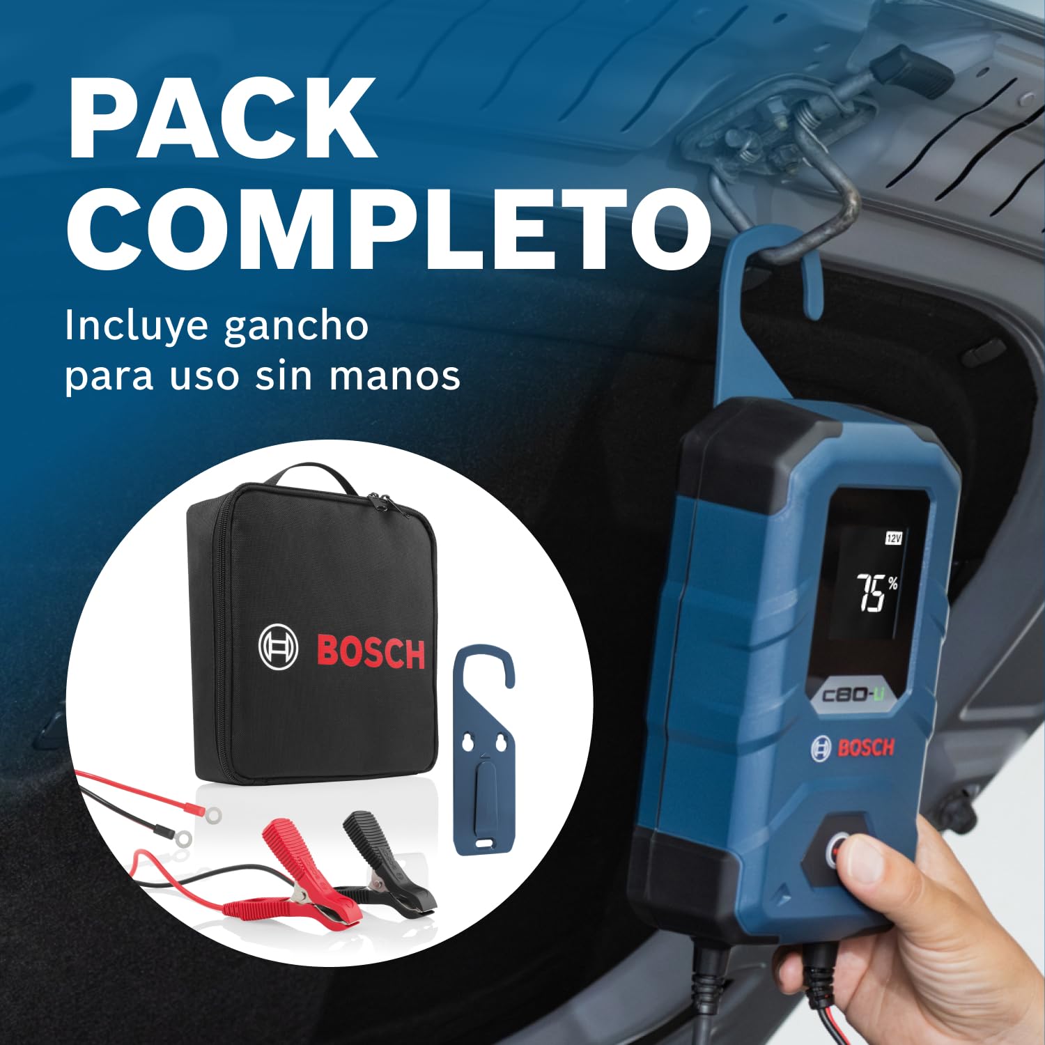 Bosch Cargador de Batería para Coche C80-Li, 15 Amperios, con Función de Carga Continua - para Baterías de Plomo-ácido, AGM, EFB, Gel y SLI, de 6V/12V, y de Litio (LiFePO) de 12V