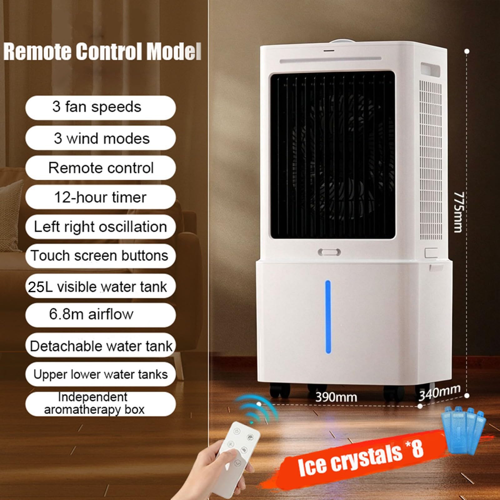 Raffrescatore Portatile Evaporativo con Serbatoio da 25L - Telecomando, 3 Velocità, Ventilatore Senza Finestra, Timer 12H, Raffrescatore per Soggiorno & Camera da Letto