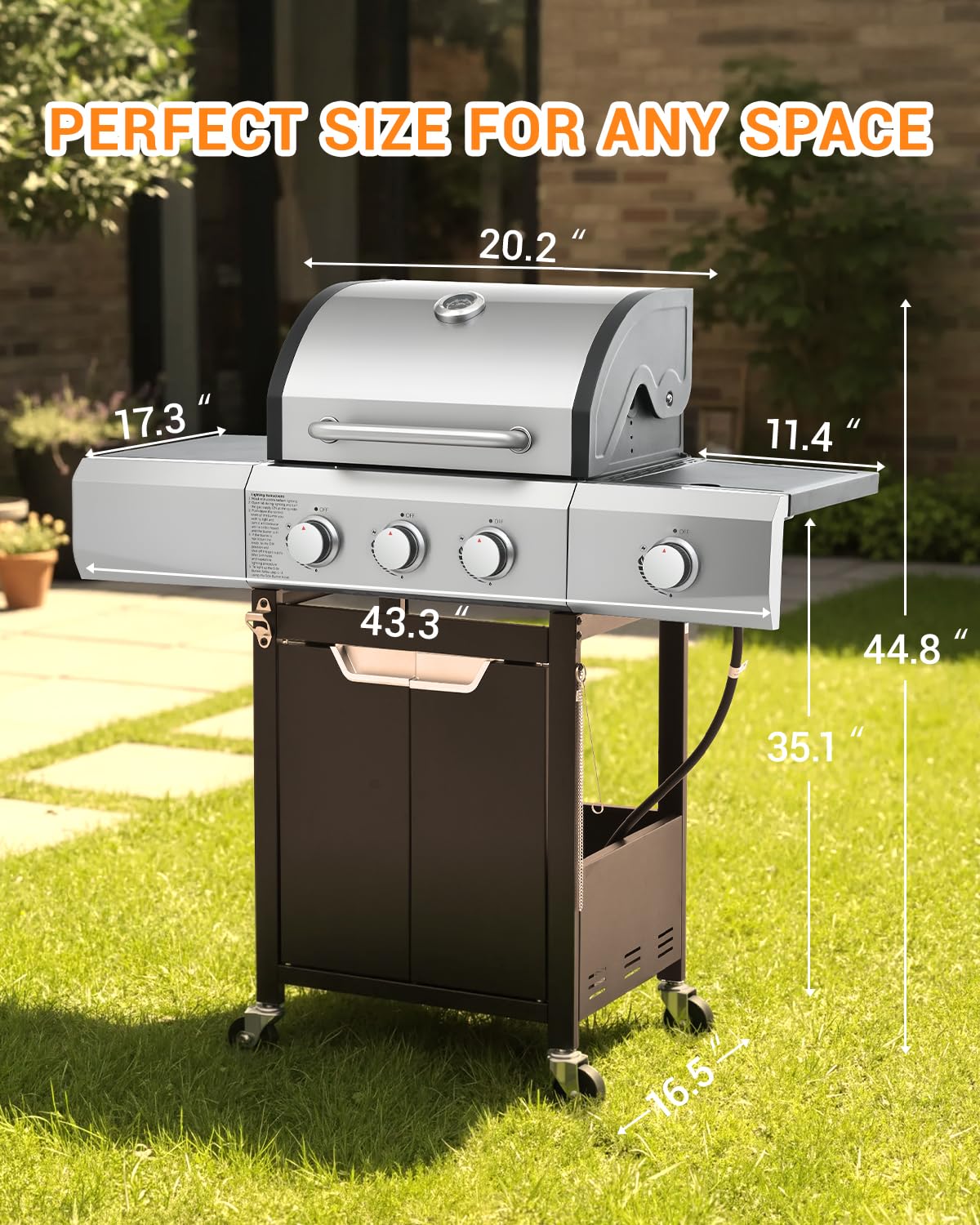 EUHOME 40,500 BTU 3-Burner Propane Gas Grill with Side Burner,Stainless Steel Outdoor BBQ Grill Portable with Wheels and Cast Iron Grates for Patio Garden Barbecue Cooking — view 8