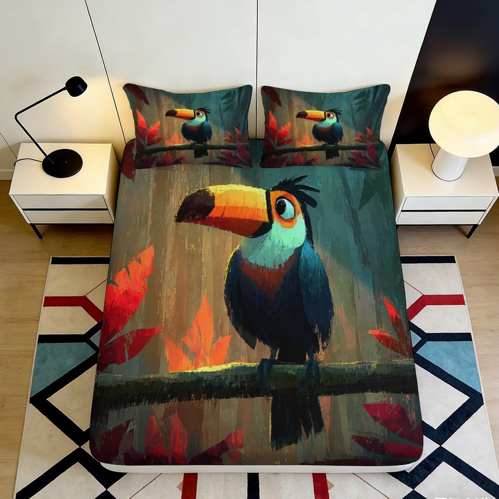 Jqzkxnhpbr Style-7 3D Printed Toucan Art Fitted Sheet Microfiber Soft Breathable Forest Leaves Mattress Cover For Bedroom Dorm Decor 90X200x25cm