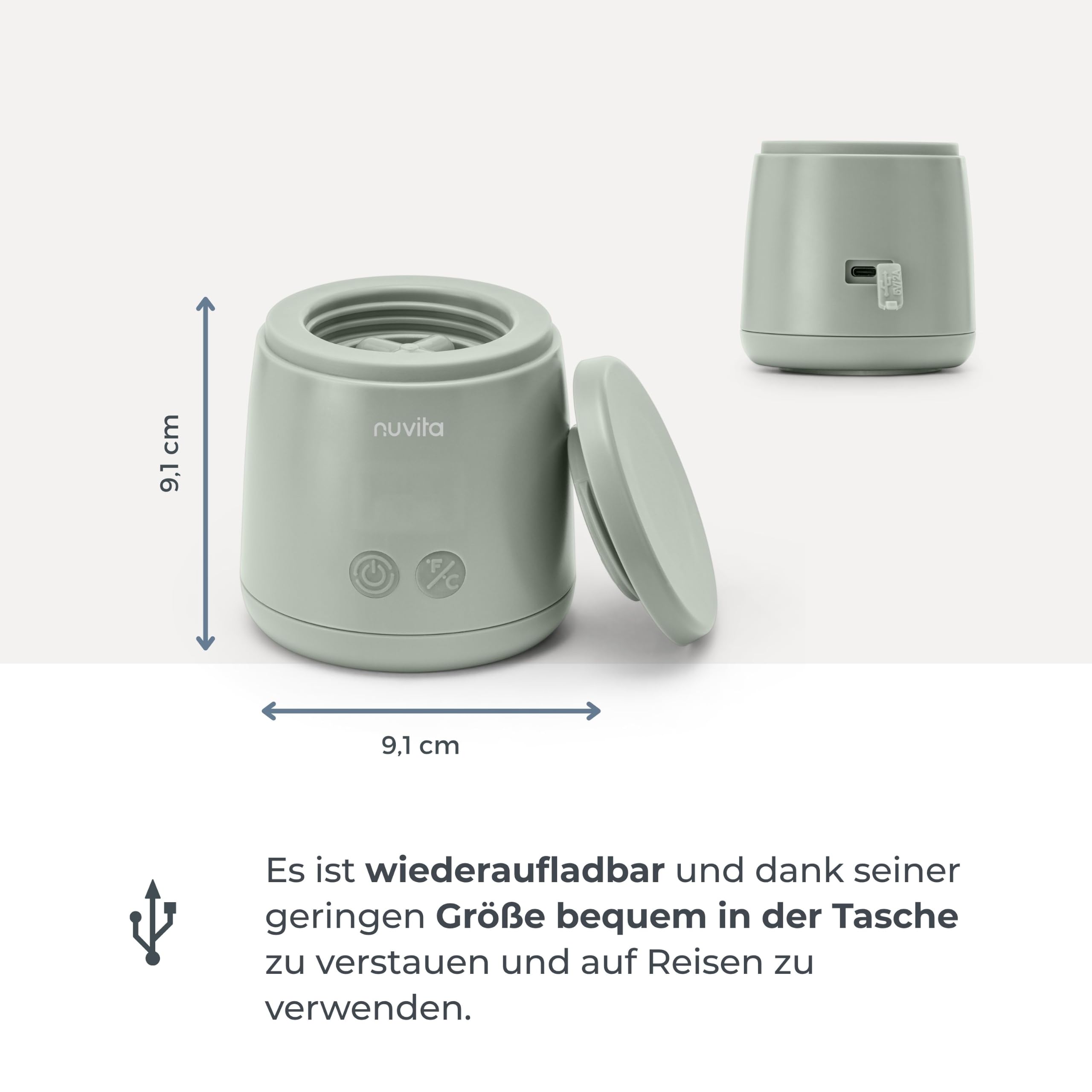 Nuvita 1164 Mix70 Tragbarer Flaschenwärmer mit Mischfunktion, 5 Temperaturen bis 70°C, Universal mit 6 Adaptern inklusive, Wiederaufladbarer Akku, LED-Display, BPA-frei