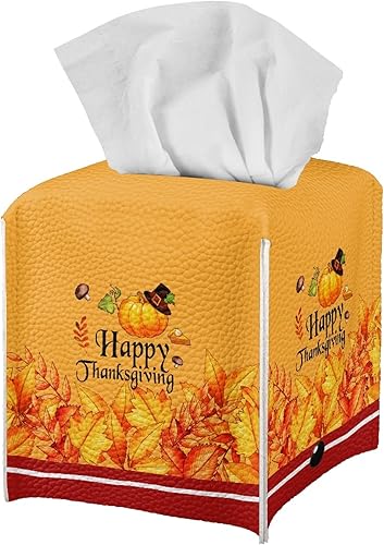 Miniatura 1 de Cubierta de caja de pañuelos, Feliz Acción de Gracias Naranja Cuadrado de Cuero PU Caja de Pañuelos, Estuche de pañuelos Moderno Organizador de