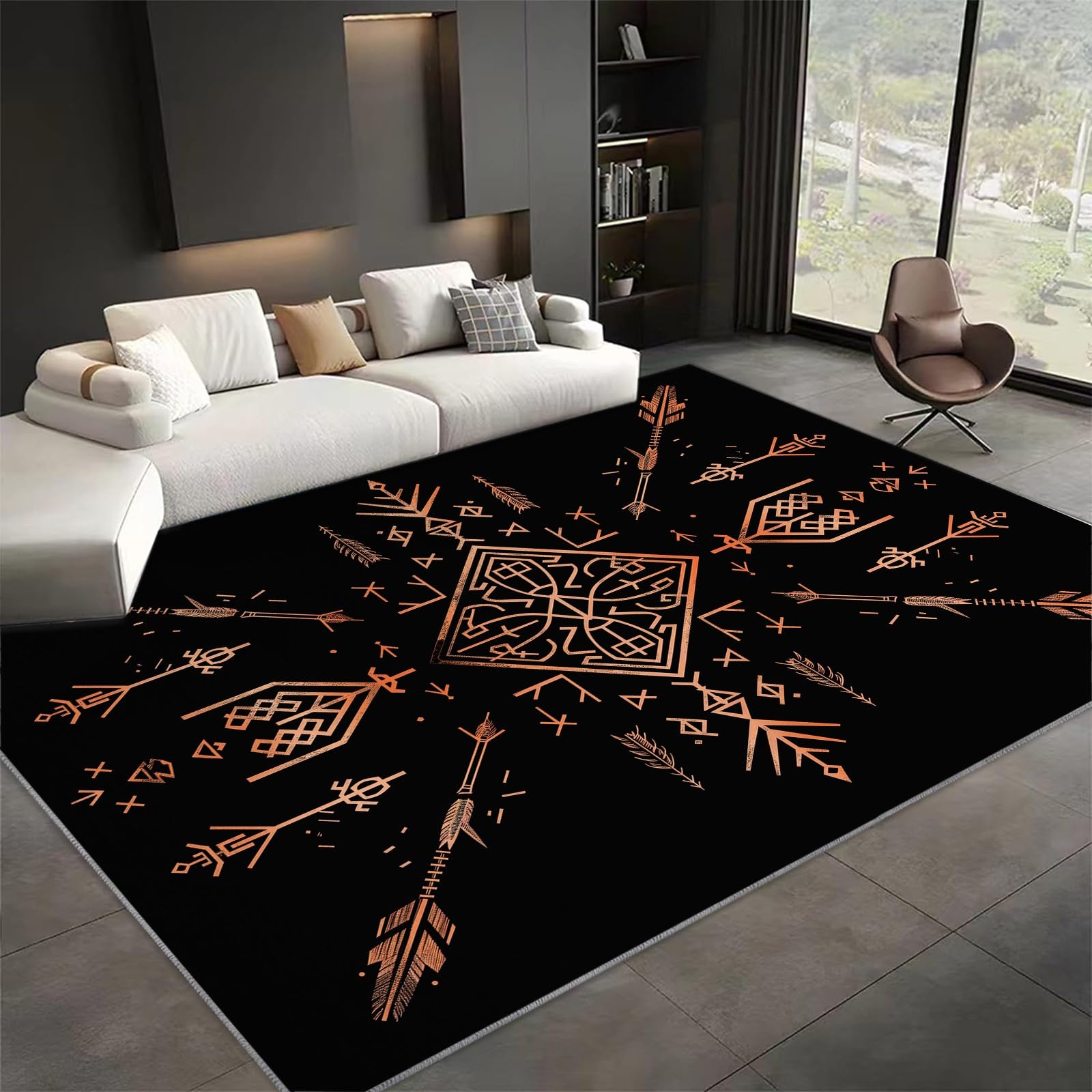 Tapis salon lavable 140x200 cm noir aux symboles vikings
